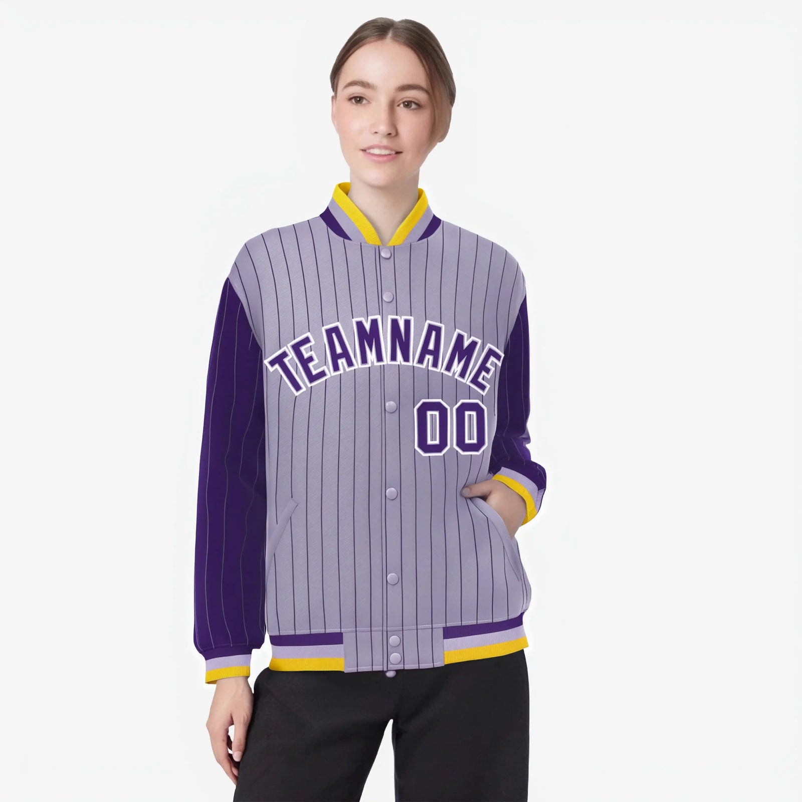 Custom Light Purple Purple-Light Purple Personalized Stripe Fashion Letterman Bomber Varsity Jacket