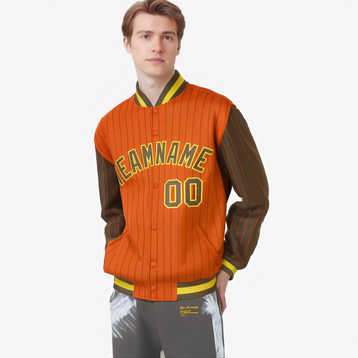 Custom Orange Ligth Brown-Orange Personalized Stripe Fashion Letterman Bomber Varsity Jacket
