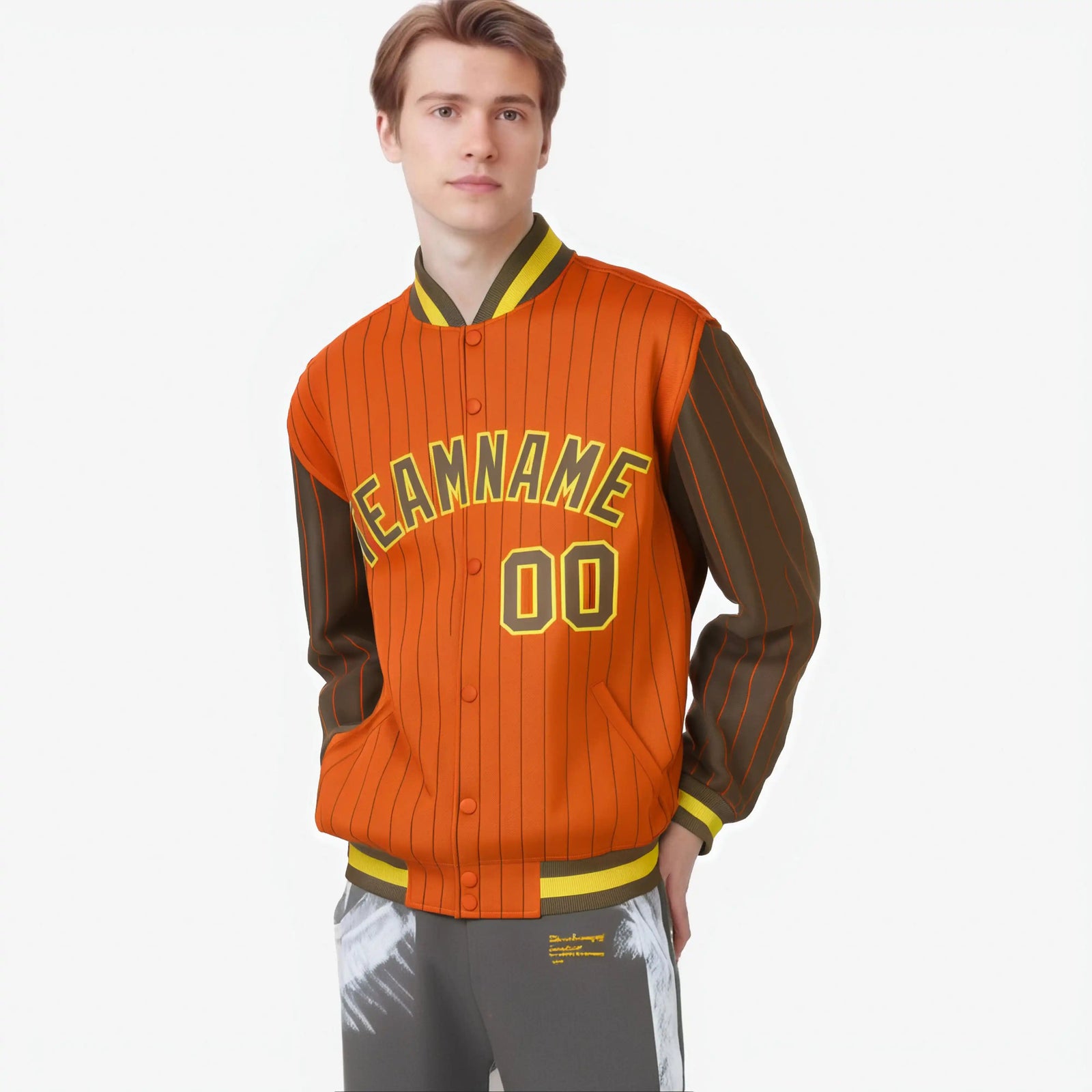 Custom Orange Ligth Brown-Orange Personalized Stripe Fashion Letterman Bomber Varsity Jacket