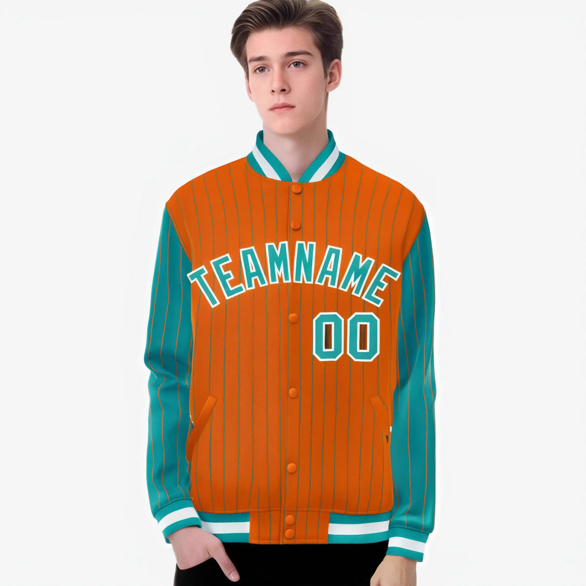 Custom Orange Aqua-Orange Personalized Stripe Fashion Letterman Bomber Varsity Jacket