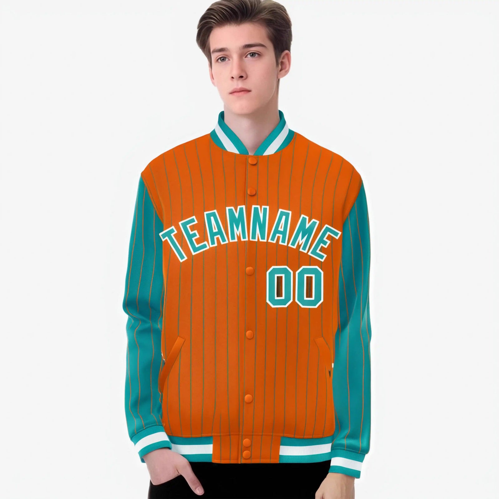 Custom Orange Aqua-Orange Personalized Stripe Fashion Letterman Bomber Varsity Jacket