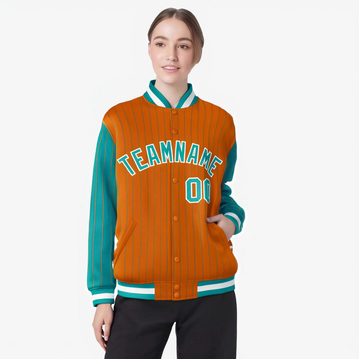 Custom Orange Aqua-Orange Personalized Stripe Fashion Letterman Bomber Varsity Jacket