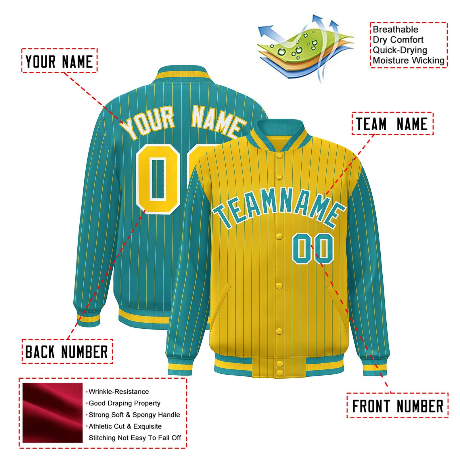 Custom Gold Aqua-Gold Personalized Stripe Fashion Letterman Bomber Varsity Jacket
