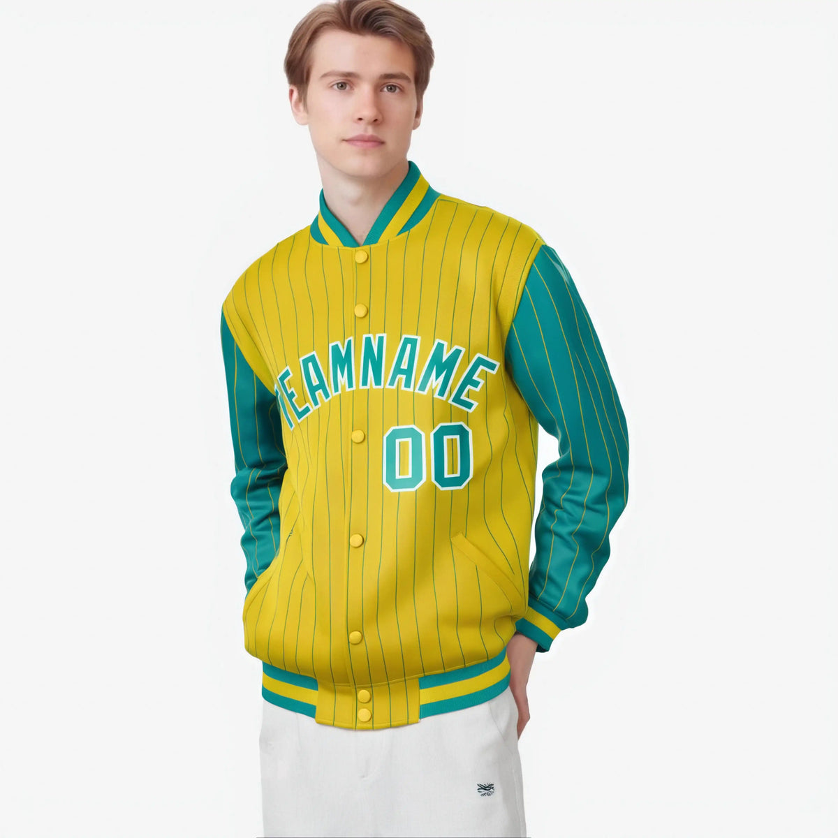 Custom Gold Aqua-Gold Personalized Stripe Fashion Letterman Bomber Varsity Jacket