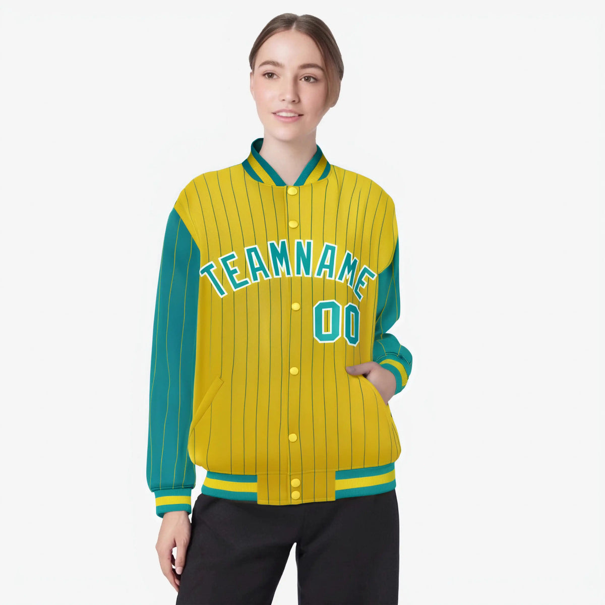 Custom Gold Aqua-Gold Personalized Stripe Fashion Letterman Bomber Varsity Jacket