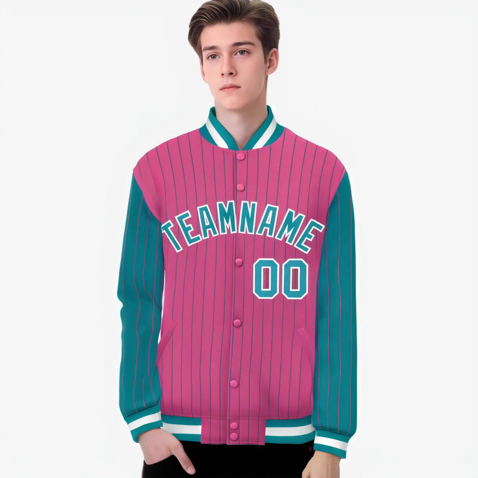Custom Pink Aqua-Pink Personalized Stripe Fashion Letterman Bomber Varsity Jacket