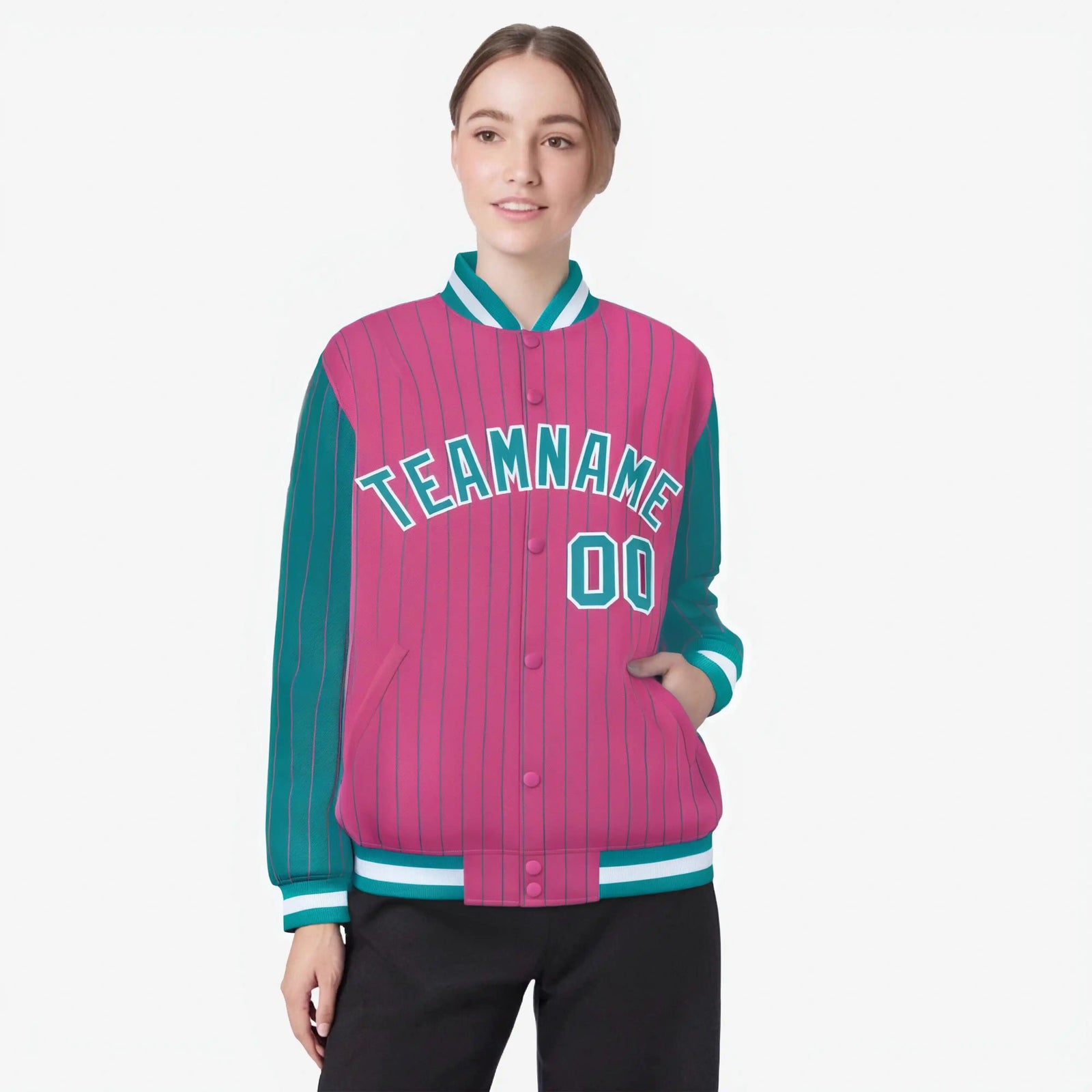 Custom Pink Aqua-Pink Personalized Stripe Fashion Letterman Bomber Varsity Jacket