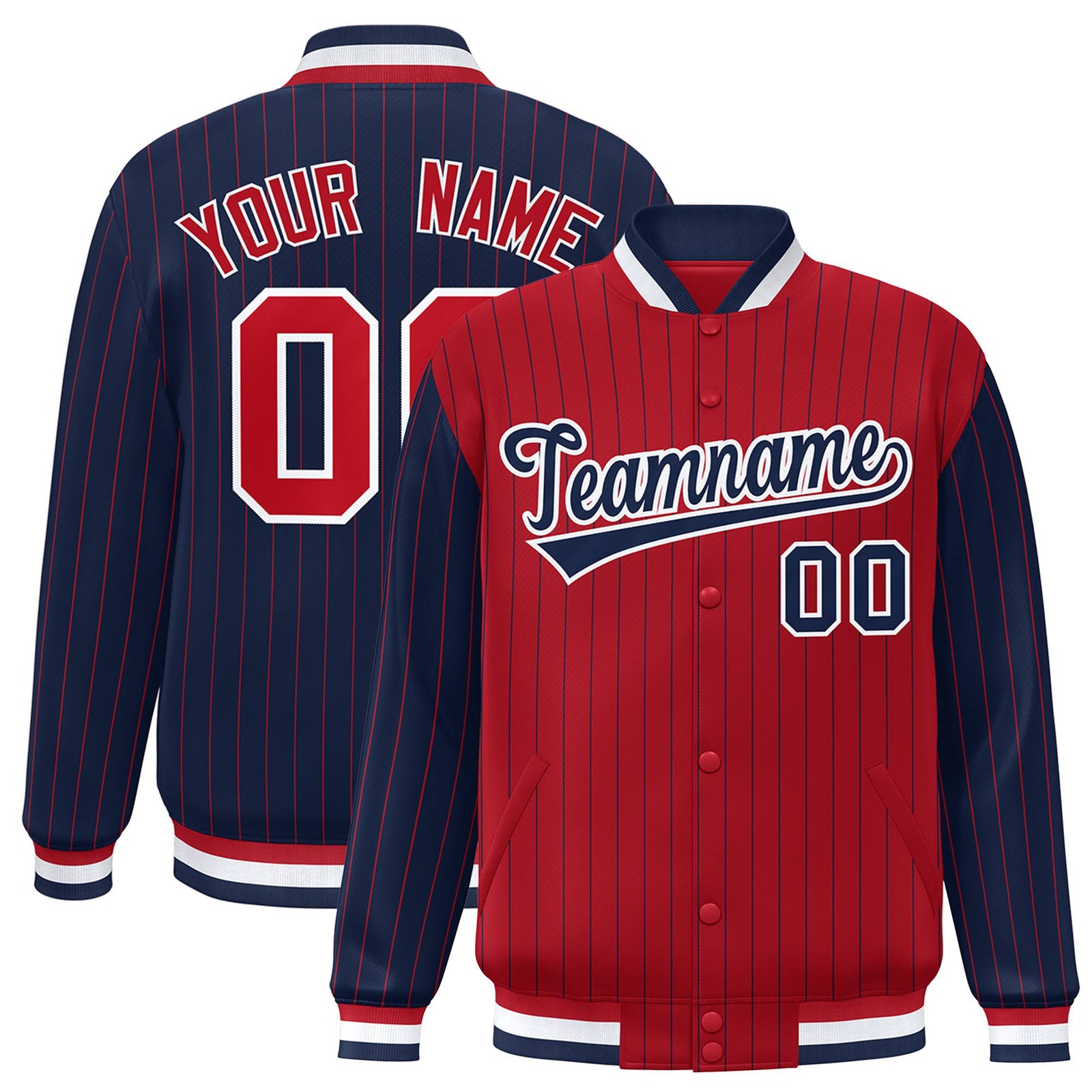 Custom Red Navy-Red Personalized Stripe Fashion Letterman Bomber Varsity Jacket