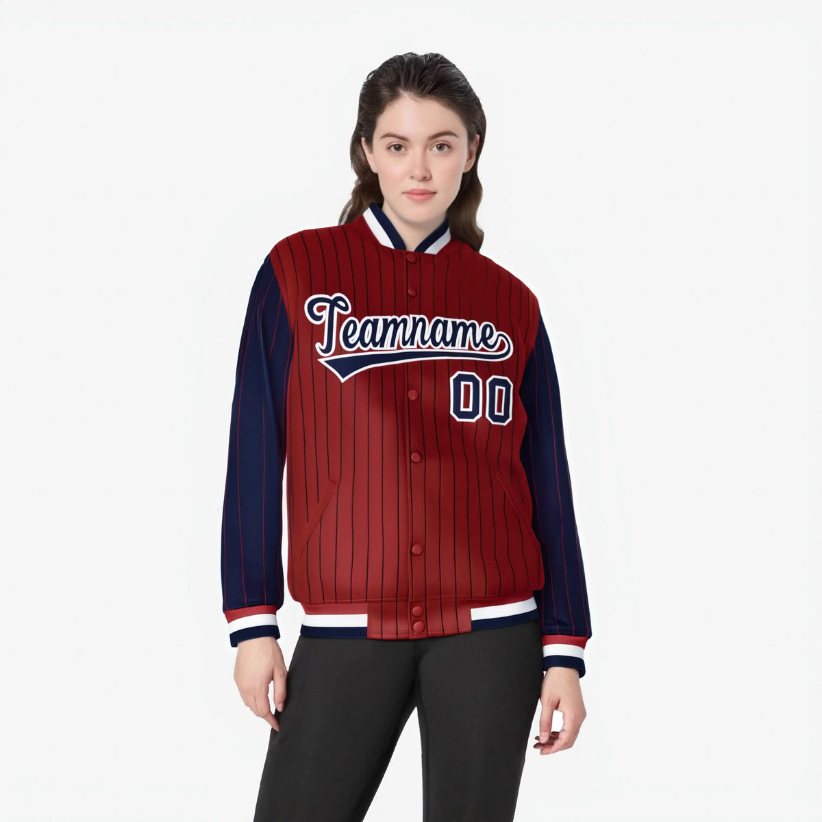 Custom Red Navy-Red Personalized Stripe Fashion Letterman Bomber Varsity Jacket