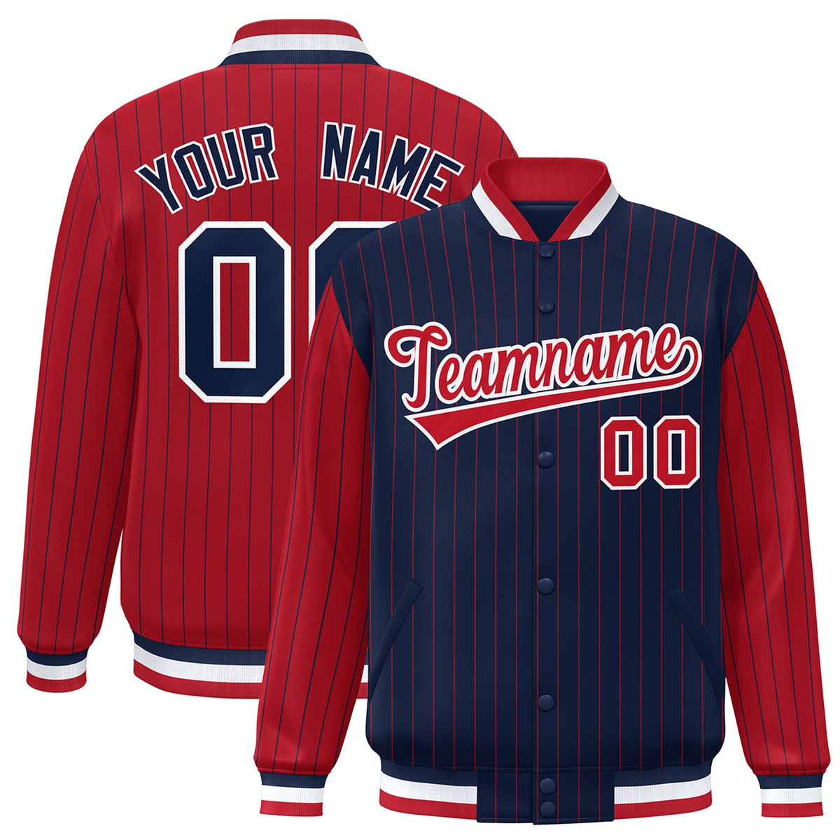 Custom Navy Red-Navy Personalized Stripe Fashion Letterman Bomber Varsity Jacket
