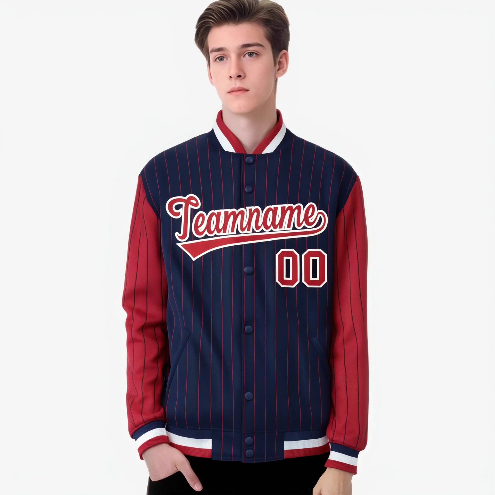 Custom Navy Red-Navy Personalized Stripe Fashion Letterman Bomber Varsity Jacket
