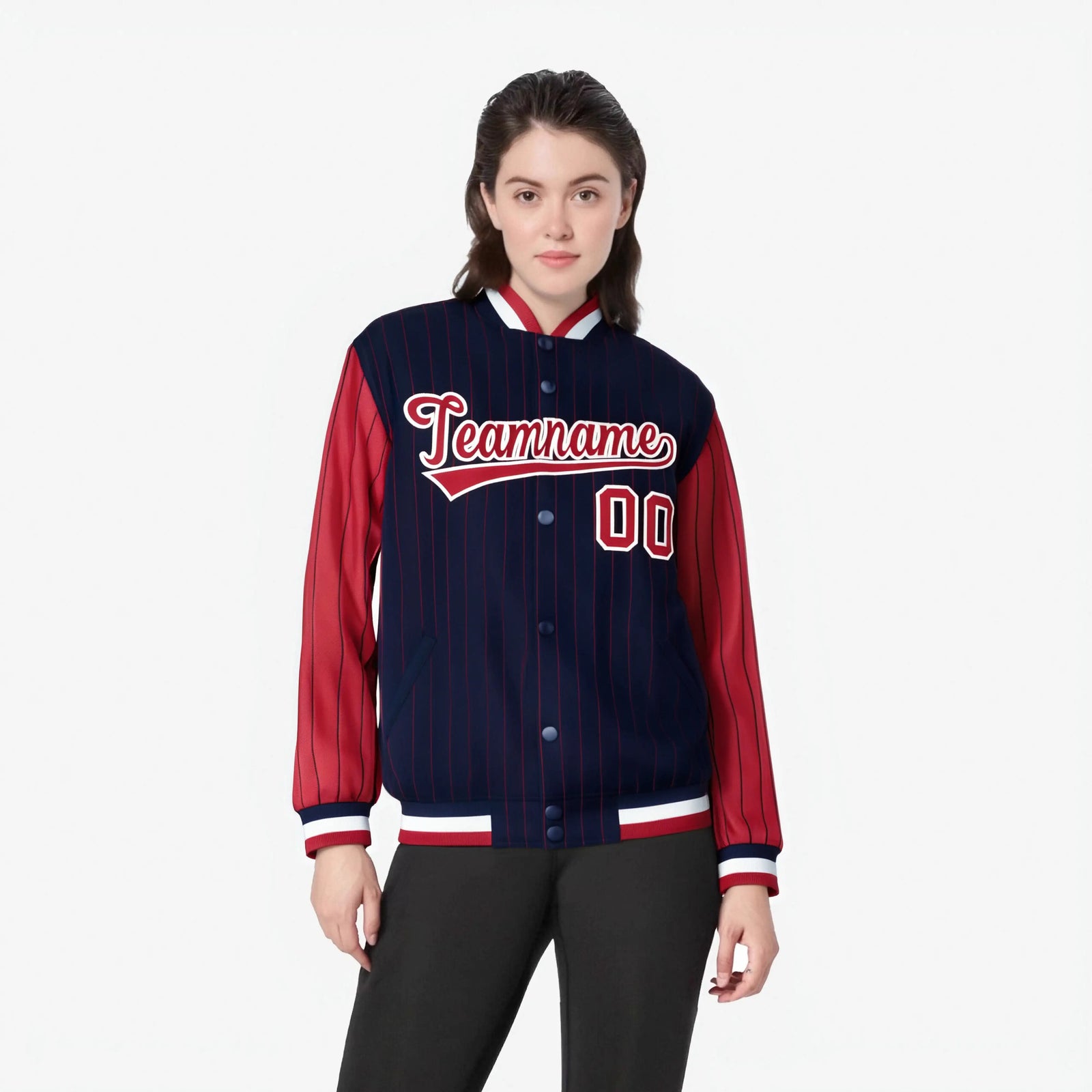 Custom Navy Red-Navy Personalized Stripe Fashion Letterman Bomber Varsity Jacket