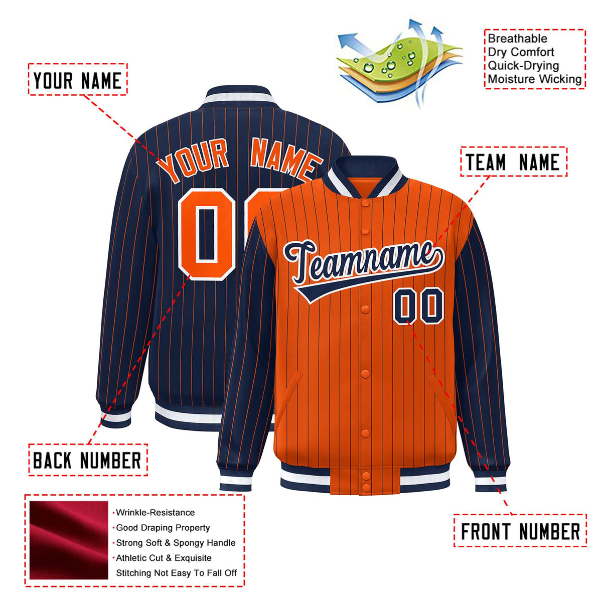 Custom Orange Navy-Orange Personalized Stripe Fashion Letterman Bomber Varsity Jacket