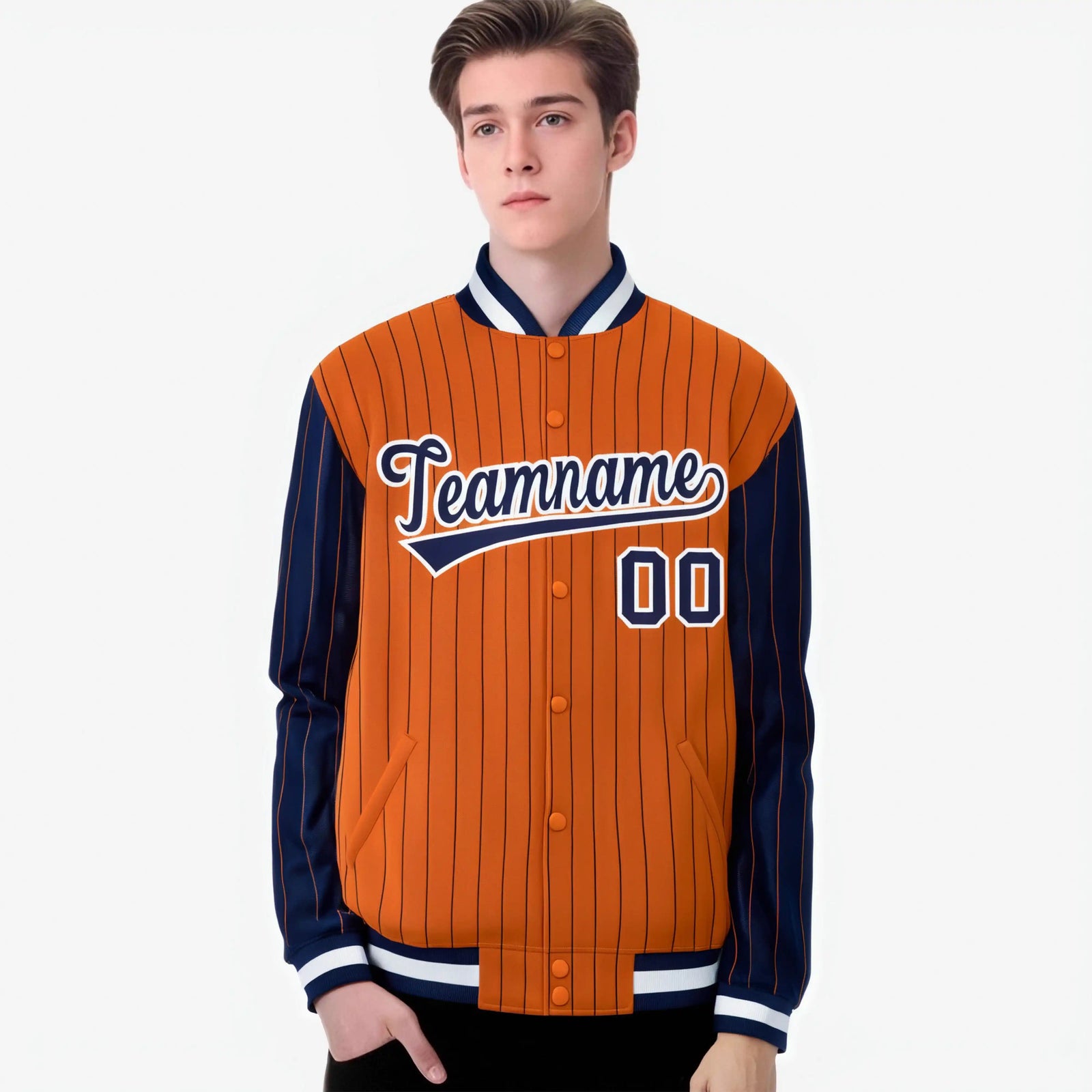 Custom Orange Navy-Orange Personalized Stripe Fashion Letterman Bomber Varsity Jacket