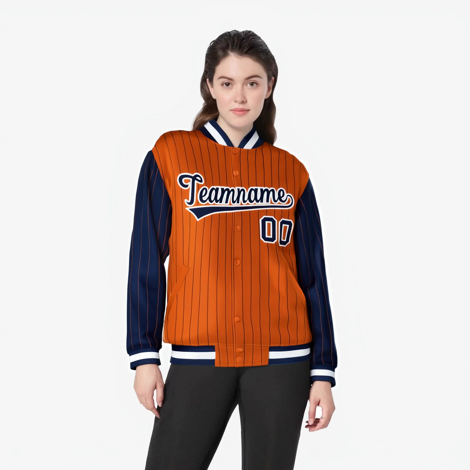 Custom Orange Navy-Orange Personalized Stripe Fashion Letterman Bomber Varsity Jacket