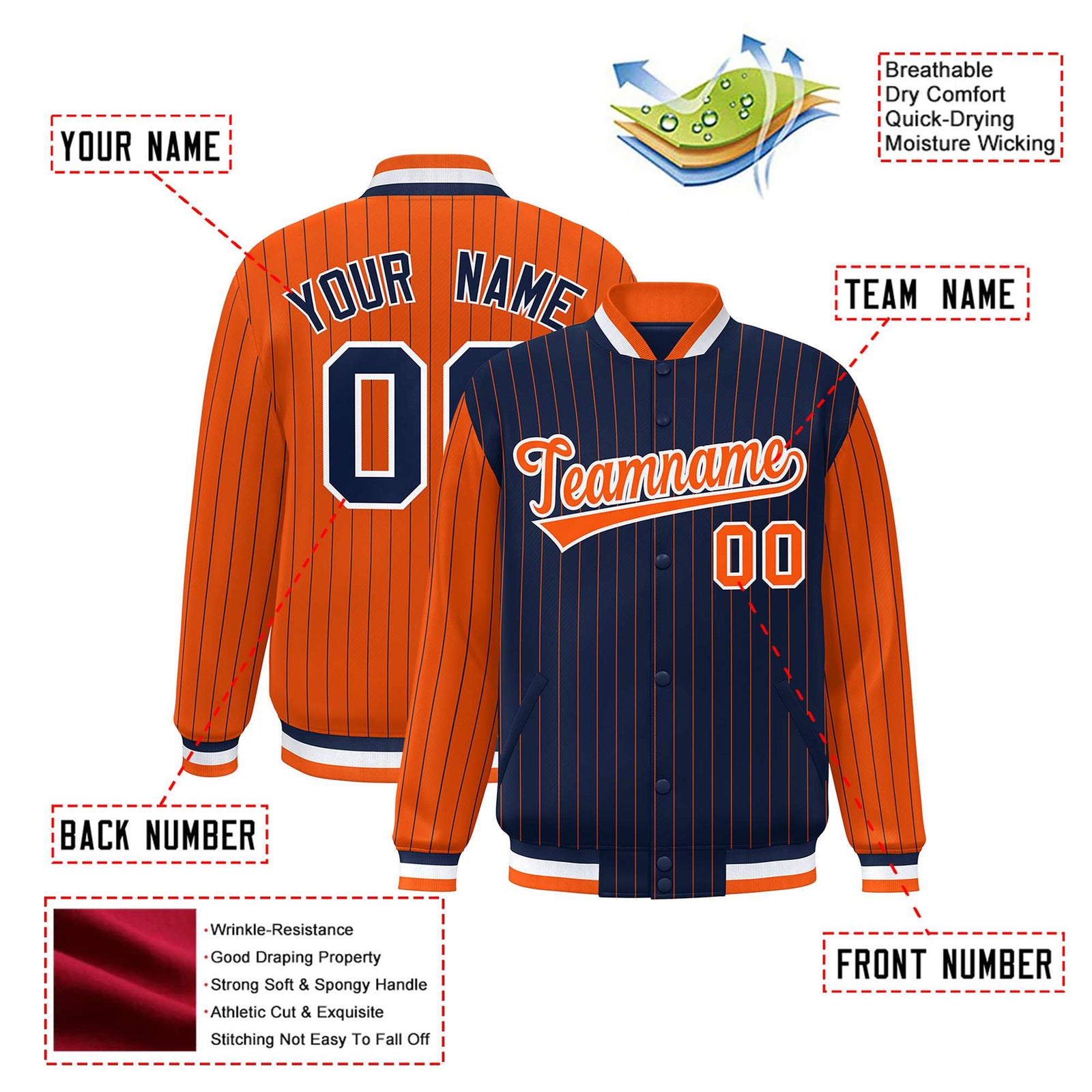 Custom Navy Orange-Navy Personalized Stripe Fashion Letterman Bomber Varsity Jacket