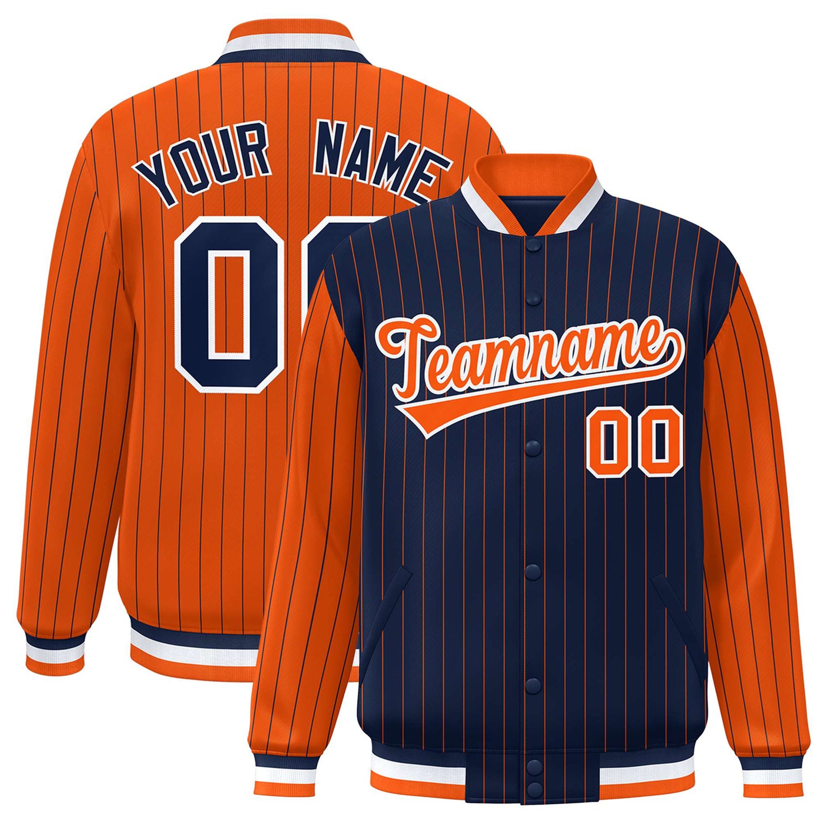 Custom Navy Orange-Navy Personalized Stripe Fashion Letterman Bomber Varsity Jacket