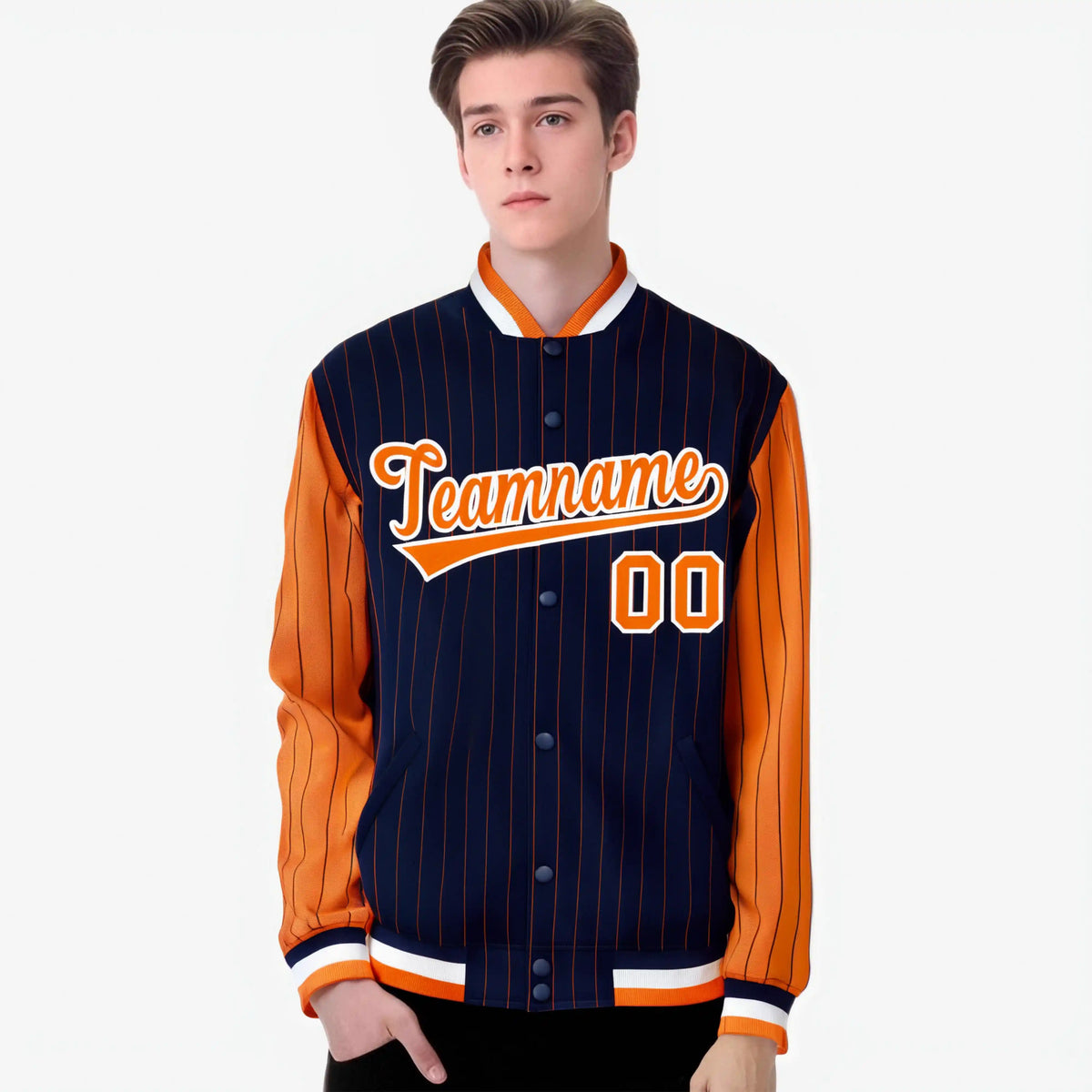 Custom Navy Orange-Navy Personalized Stripe Fashion Letterman Bomber Varsity Jacket