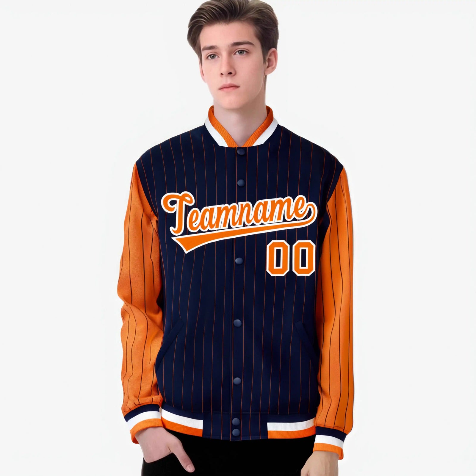 Custom Navy Orange-Navy Personalized Stripe Fashion Letterman Bomber Varsity Jacket