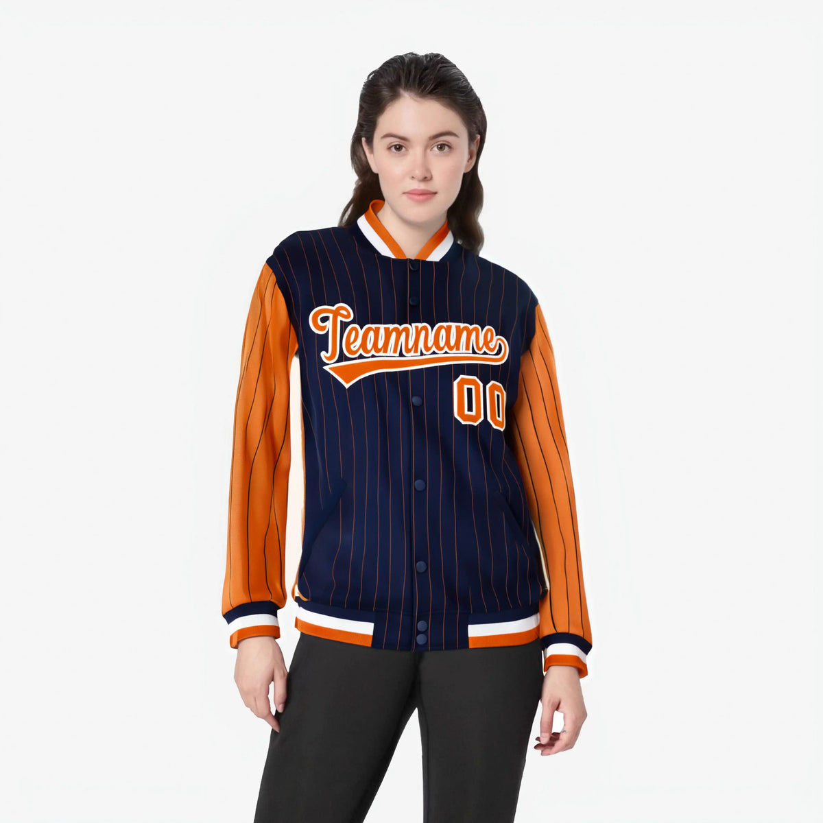 Custom Navy Orange-Navy Personalized Stripe Fashion Letterman Bomber Varsity Jacket