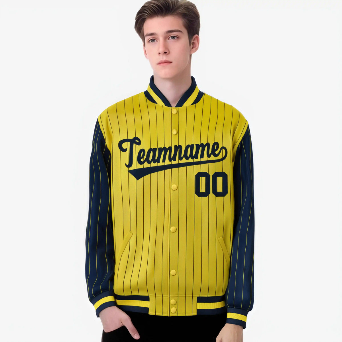 Custom Gold Navy-Gold Personalized Stripe Fashion Letterman Bomber Varsity Jacket