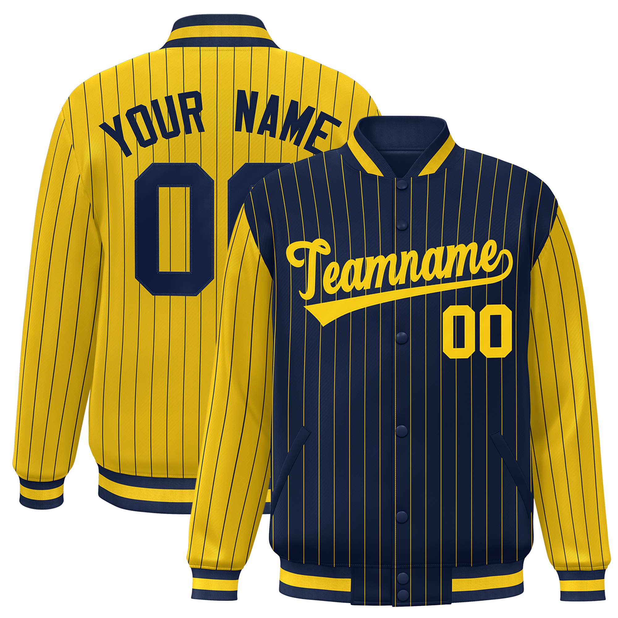 Custom Navy Gold-Navy Personalized Stripe Fashion Letterman Bomber Varsity Jacket