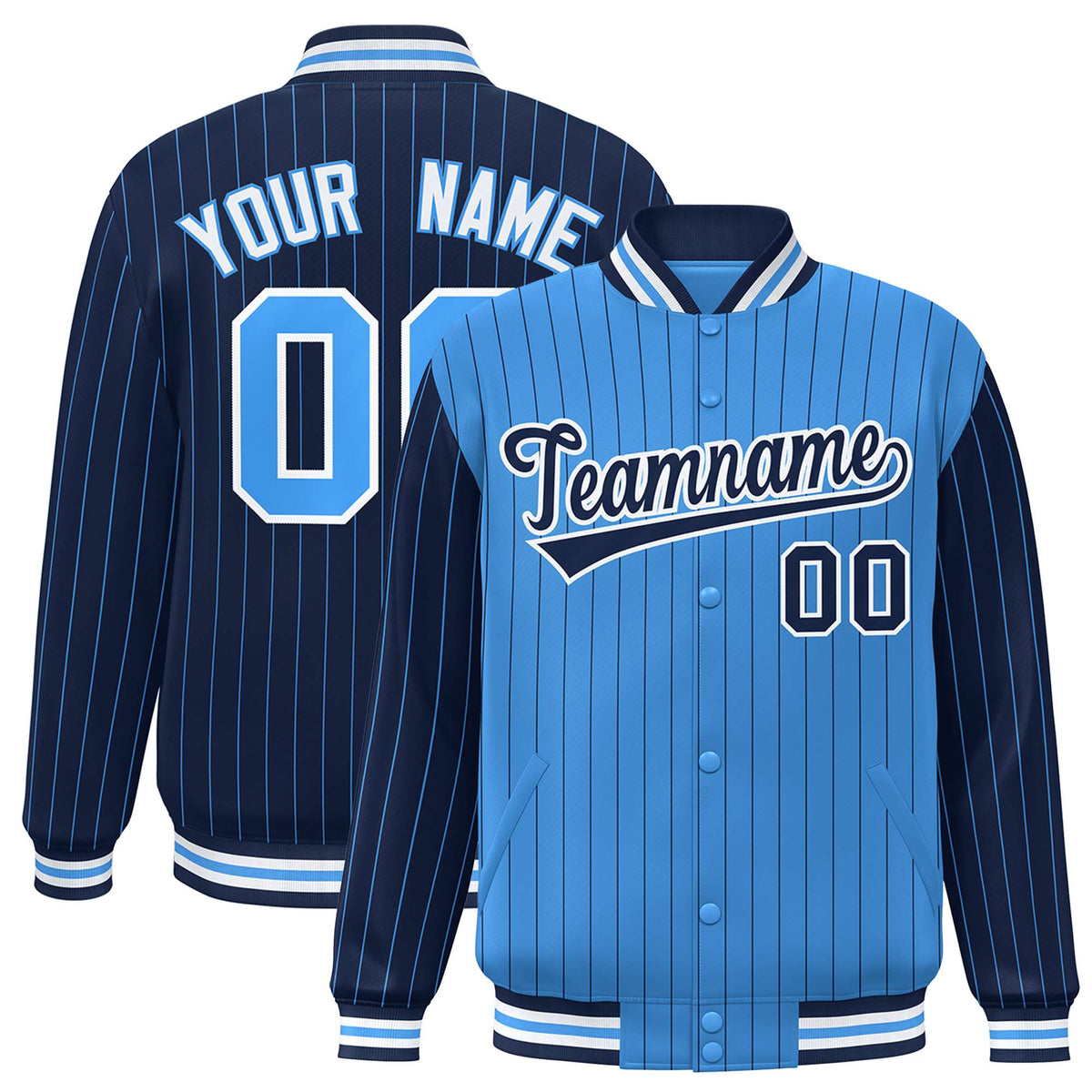 Custom Powder Blue Navy-Powder Blue Personalized Stripe Fashion Letterman Bomber Varsity Jacket