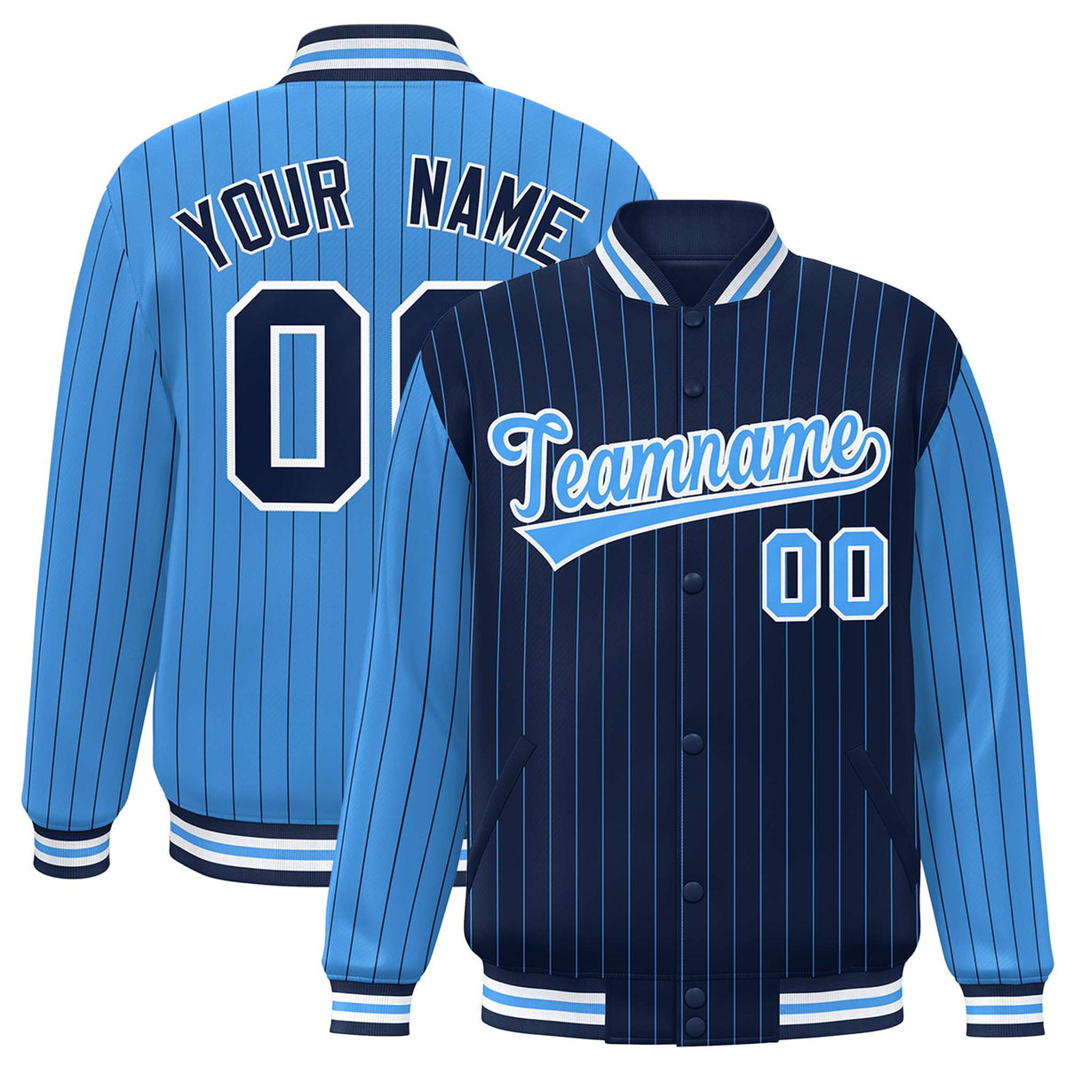 Custom Navy Powder Blue-Navy Personalized Stripe Fashion Letterman Bomber Varsity Jacket