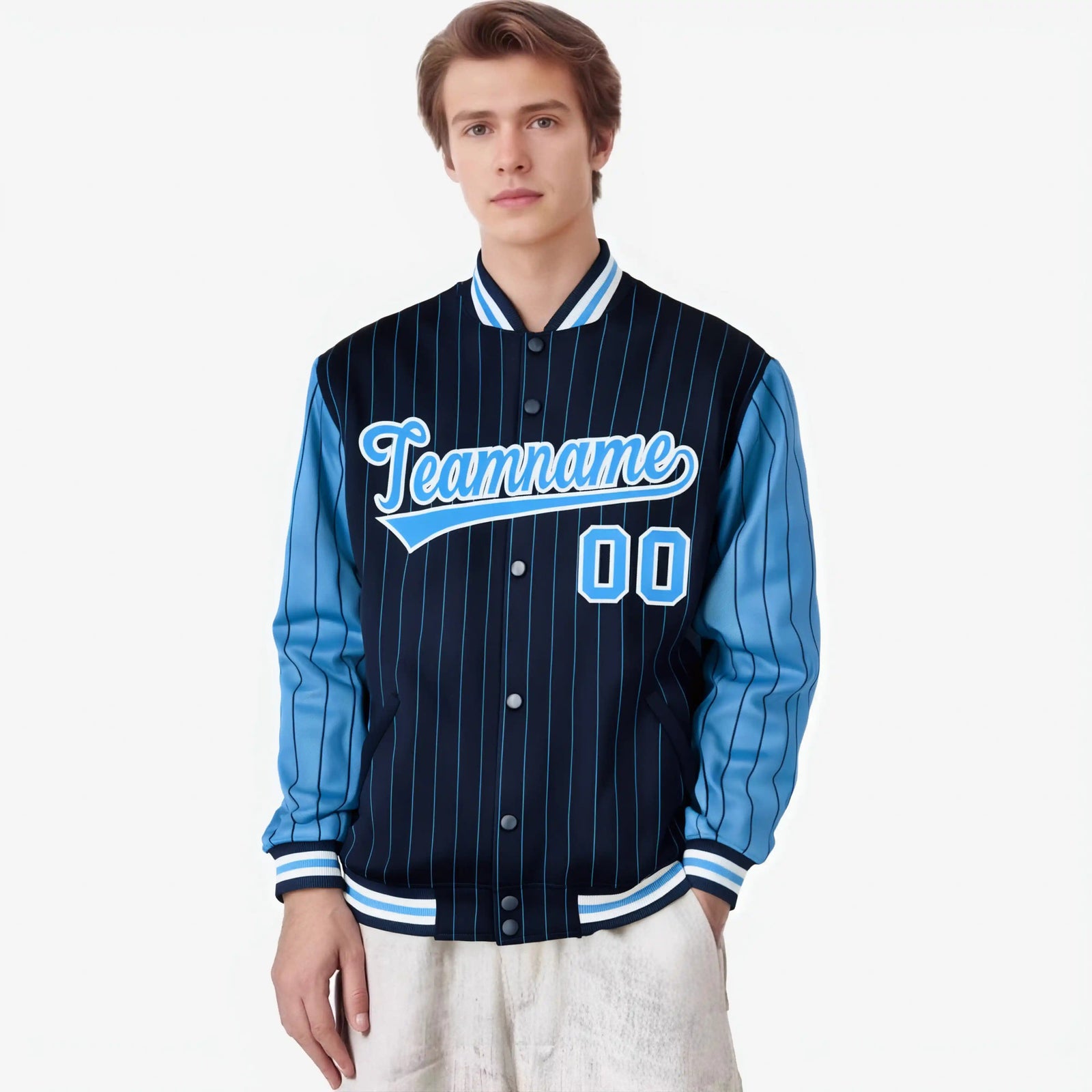 Custom Navy Powder Blue-Navy Personalized Stripe Fashion Letterman Bomber Varsity Jacket