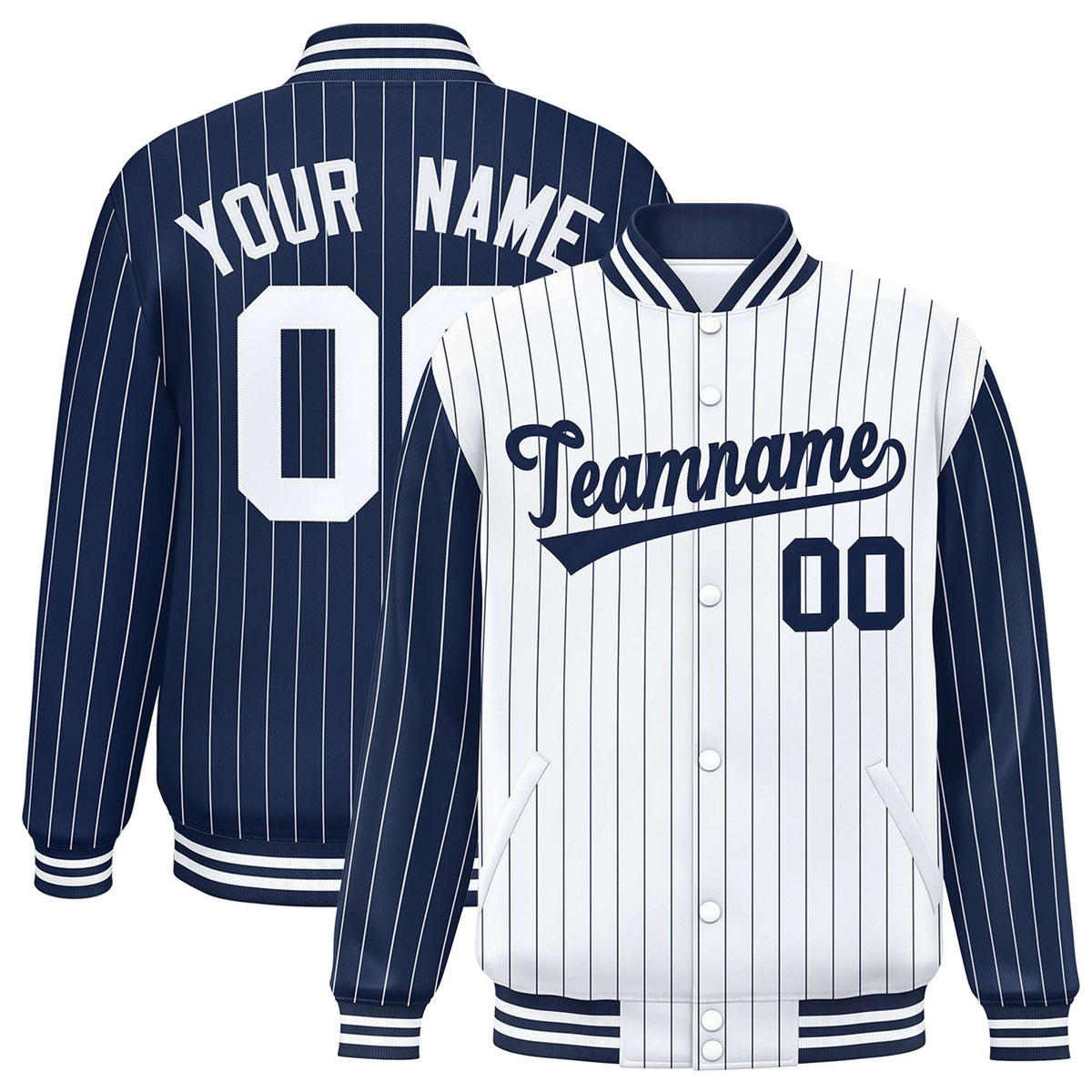 Custom White Navy-White Personalized Stripe Fashion Letterman Bomber Varsity Jacket