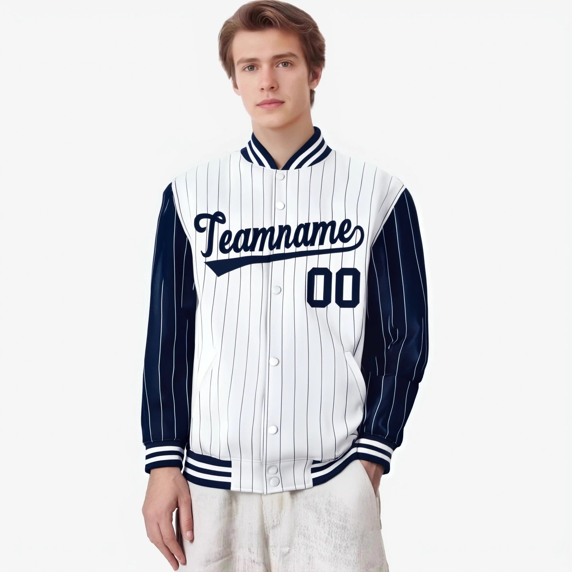 Custom White Navy-White Personalized Stripe Fashion Letterman Bomber Varsity Jacket