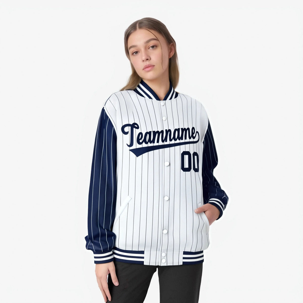 Custom White Navy-White Personalized Stripe Fashion Letterman Bomber Varsity Jacket