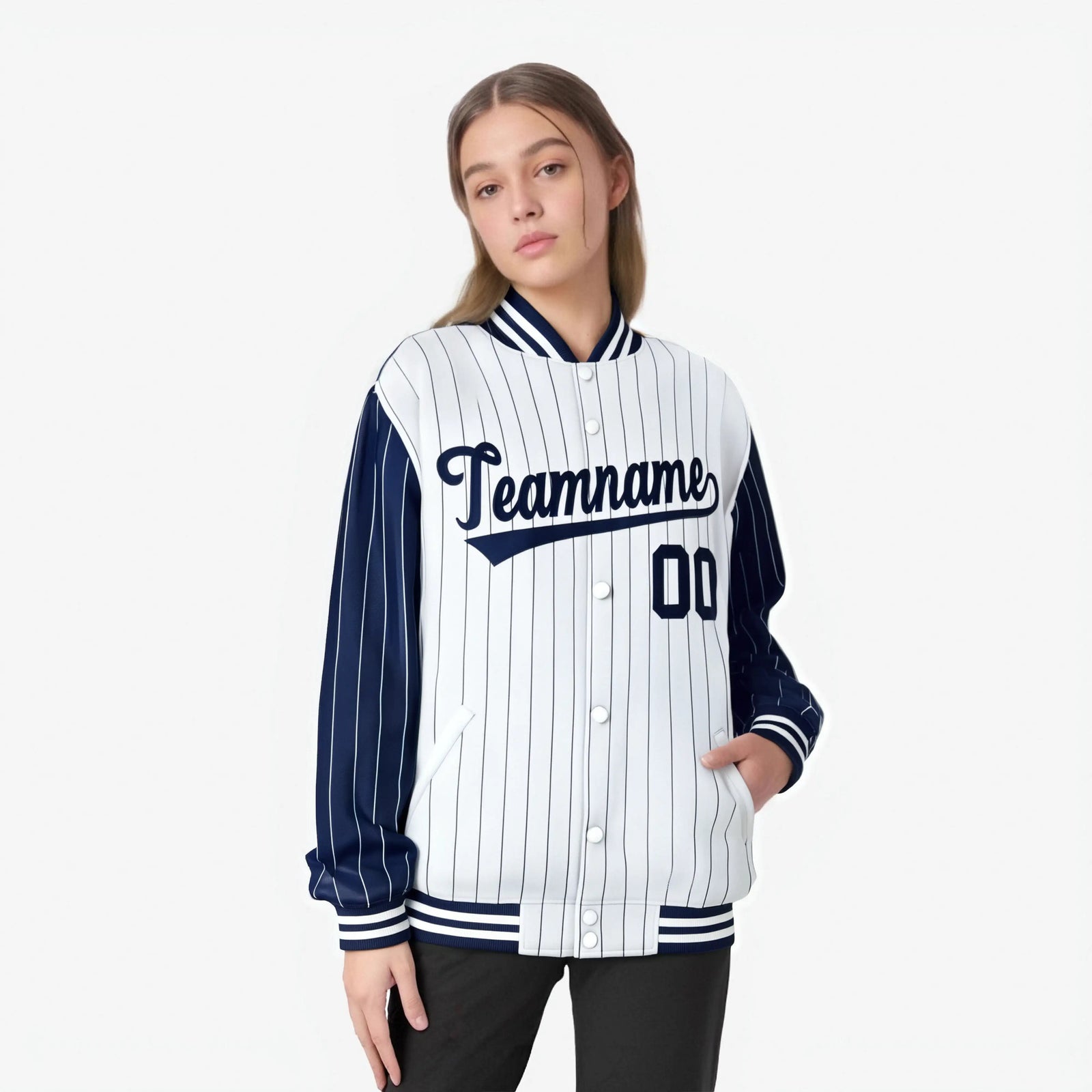 Custom White Navy-White Personalized Stripe Fashion Letterman Bomber Varsity Jacket