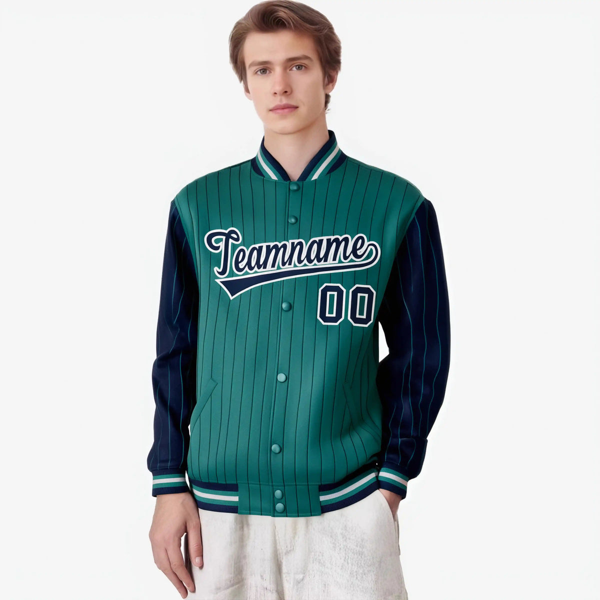 Custom Green Navy-Green Personalized Stripe Fashion Letterman Bomber Varsity Jacket