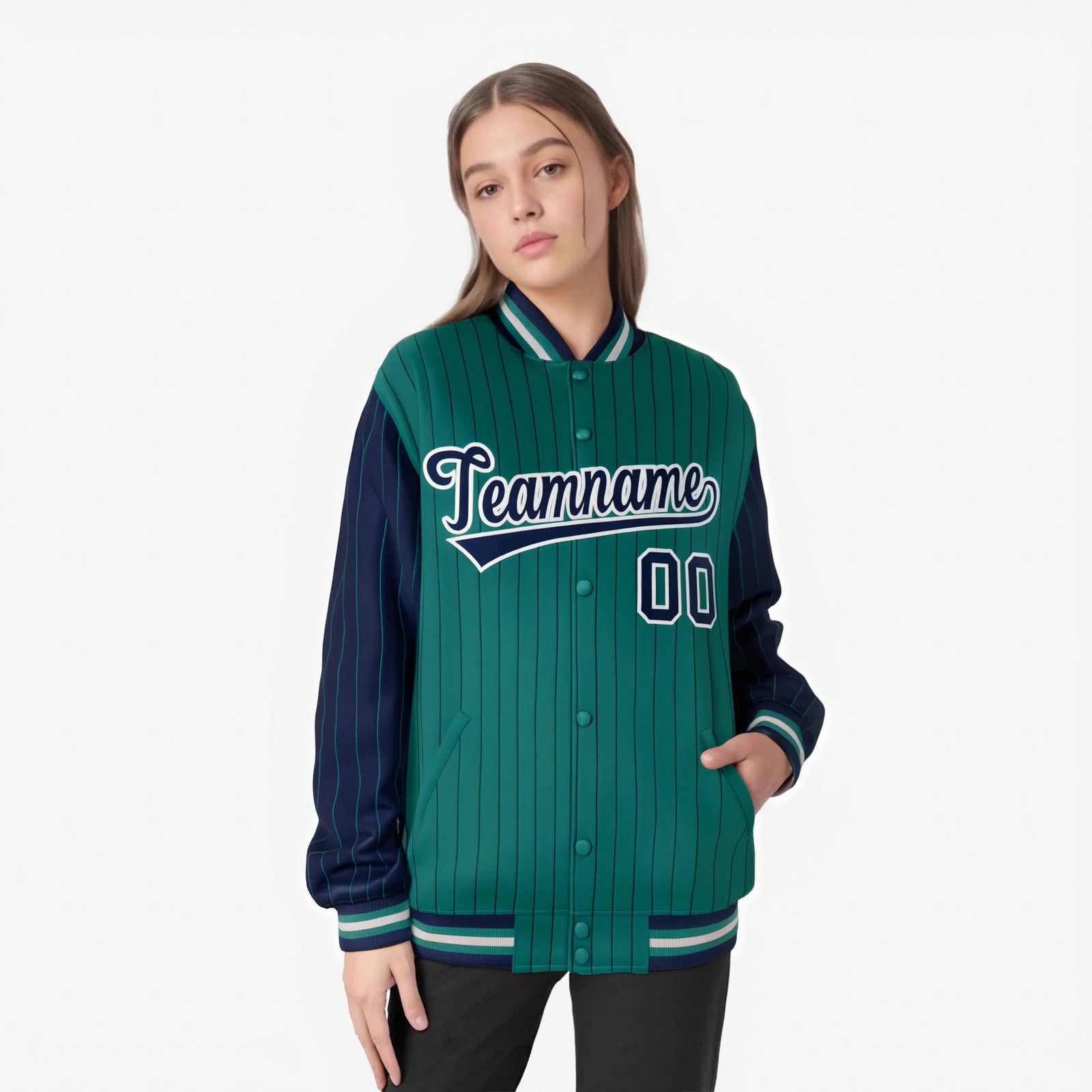Custom Green Navy-Green Personalized Stripe Fashion Letterman Bomber Varsity Jacket