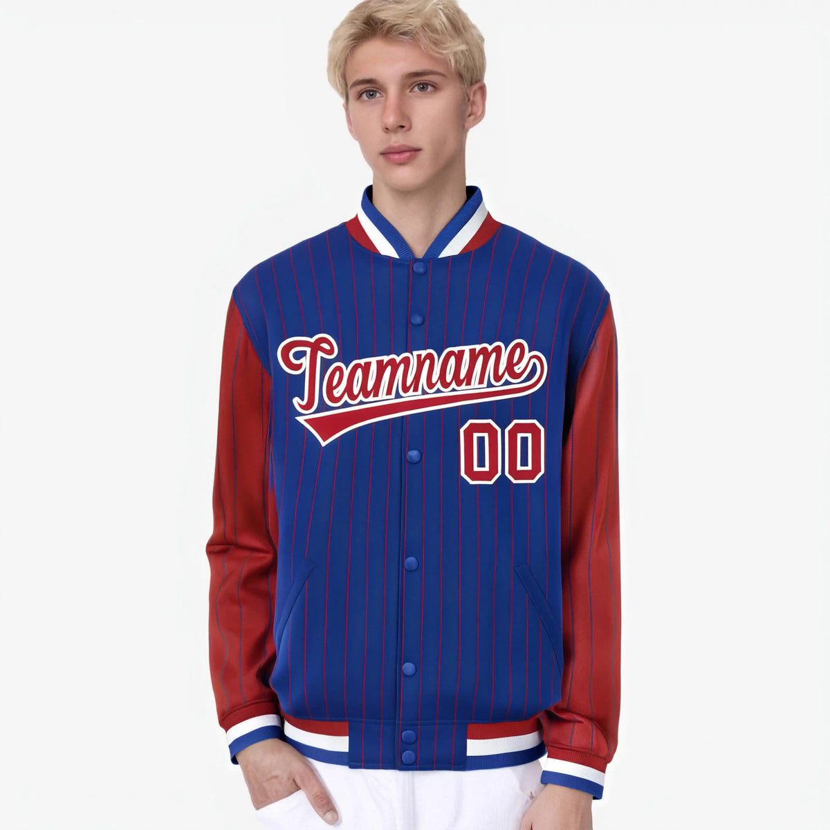 Custom Royal Blue Red-Royal Blue Personalized Stripe Fashion Letterman Bomber Varsity Jacket