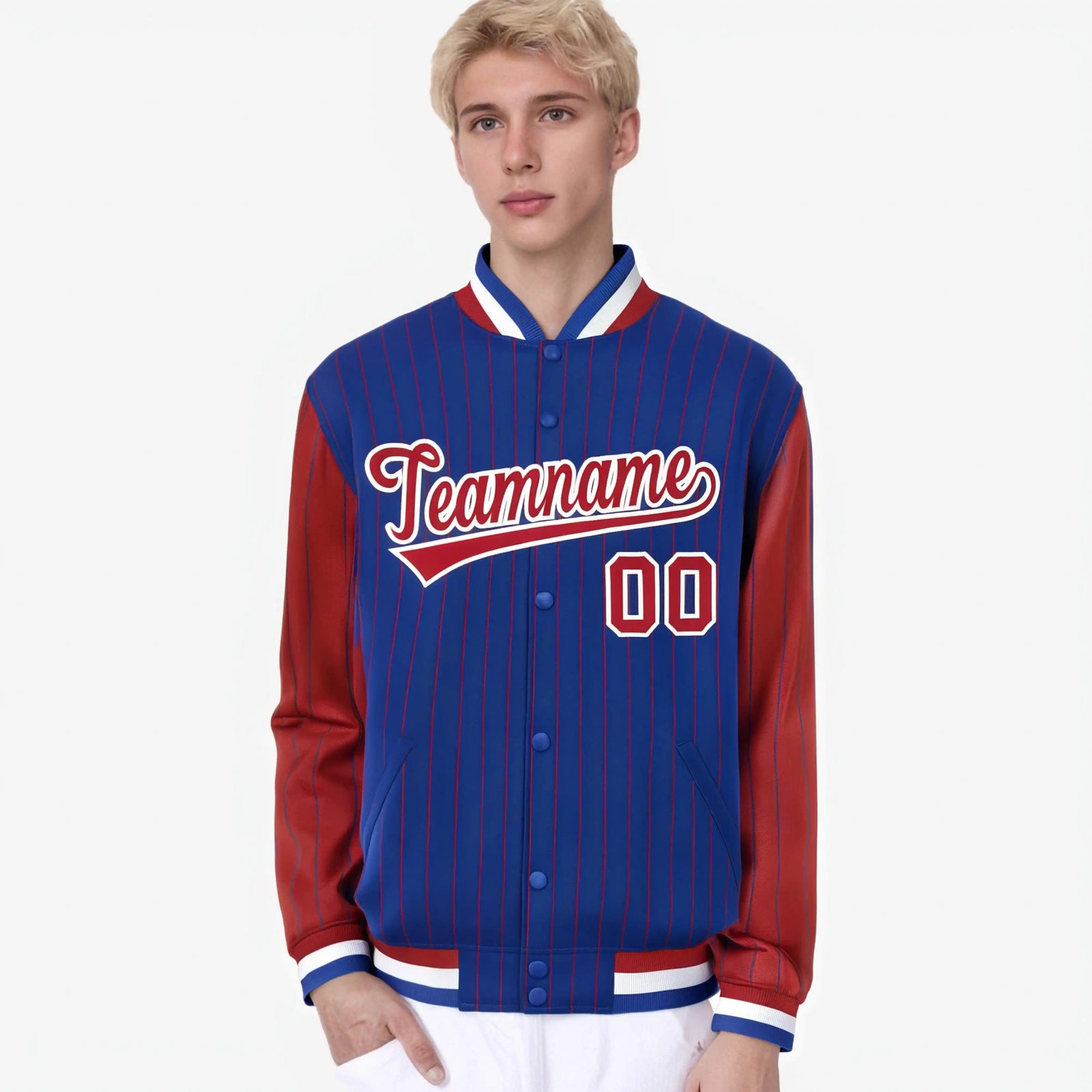 Custom Royal Blue Red-Royal Blue Personalized Stripe Fashion Letterman Bomber Varsity Jacket