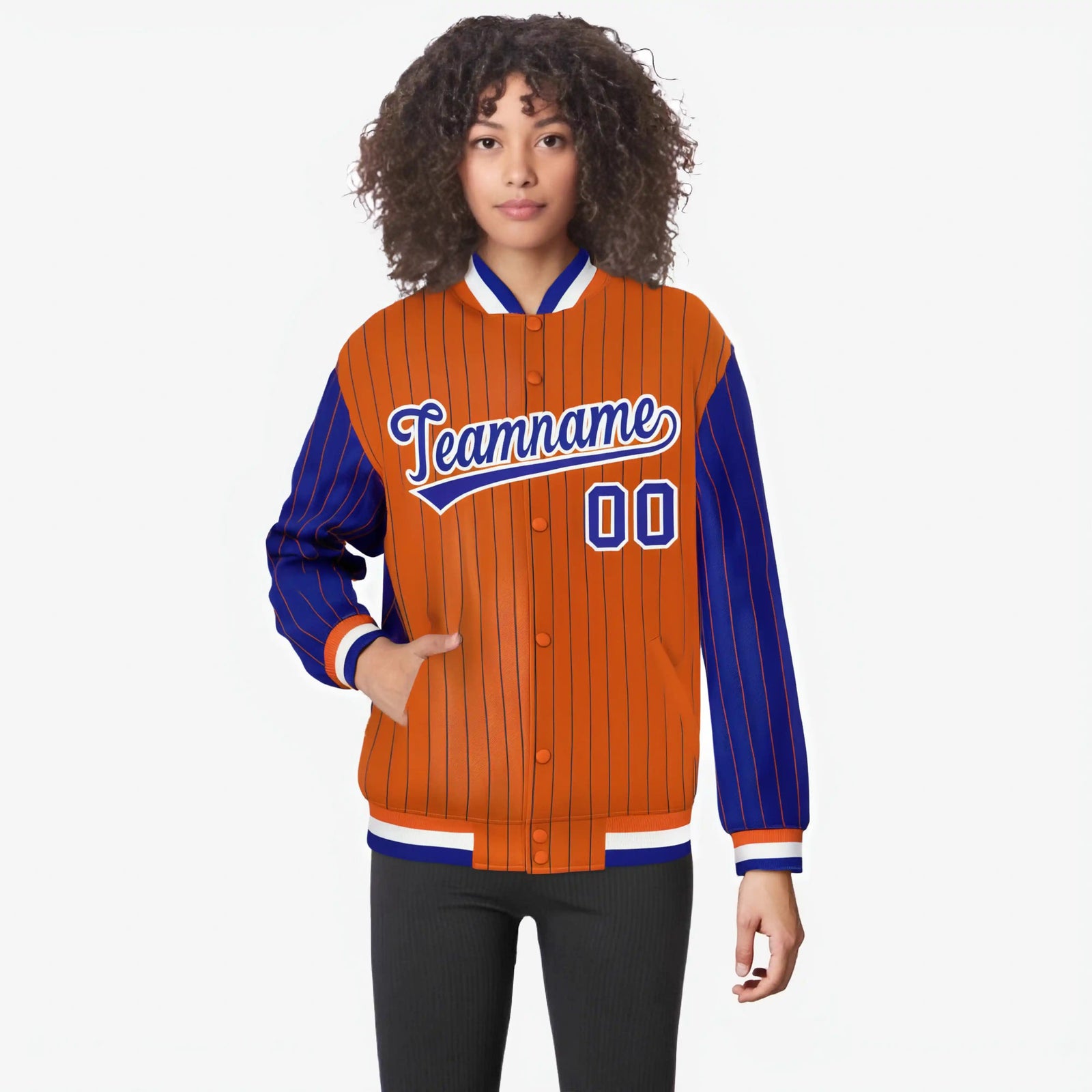 Custom Orange Royal Blue-Orange Personalized Stripe Fashion Letterman Bomber Varsity Jacket