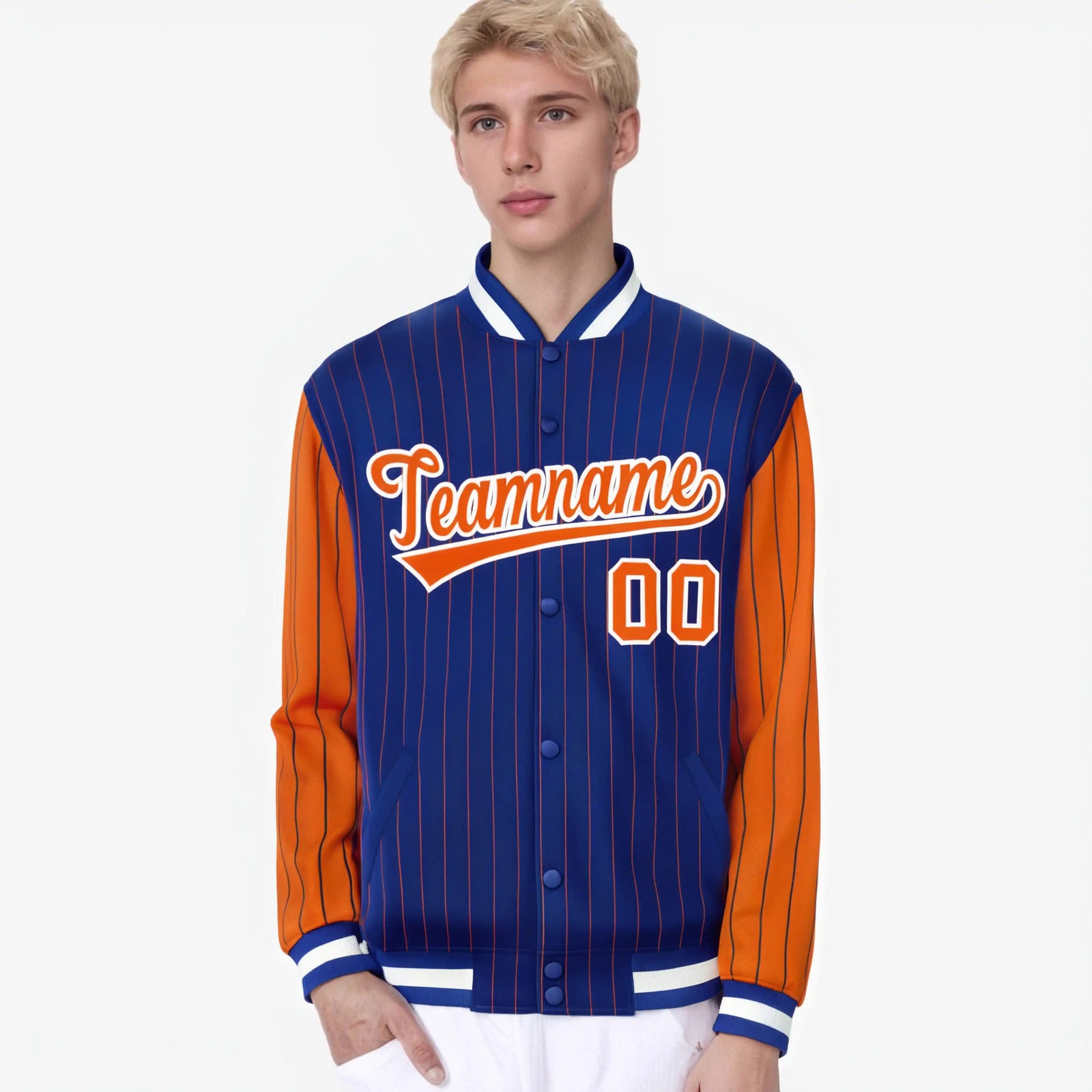 Custom Royal Blue Orange-Royal Blue Personalized Stripe Fashion Letterman Bomber Varsity Jacket