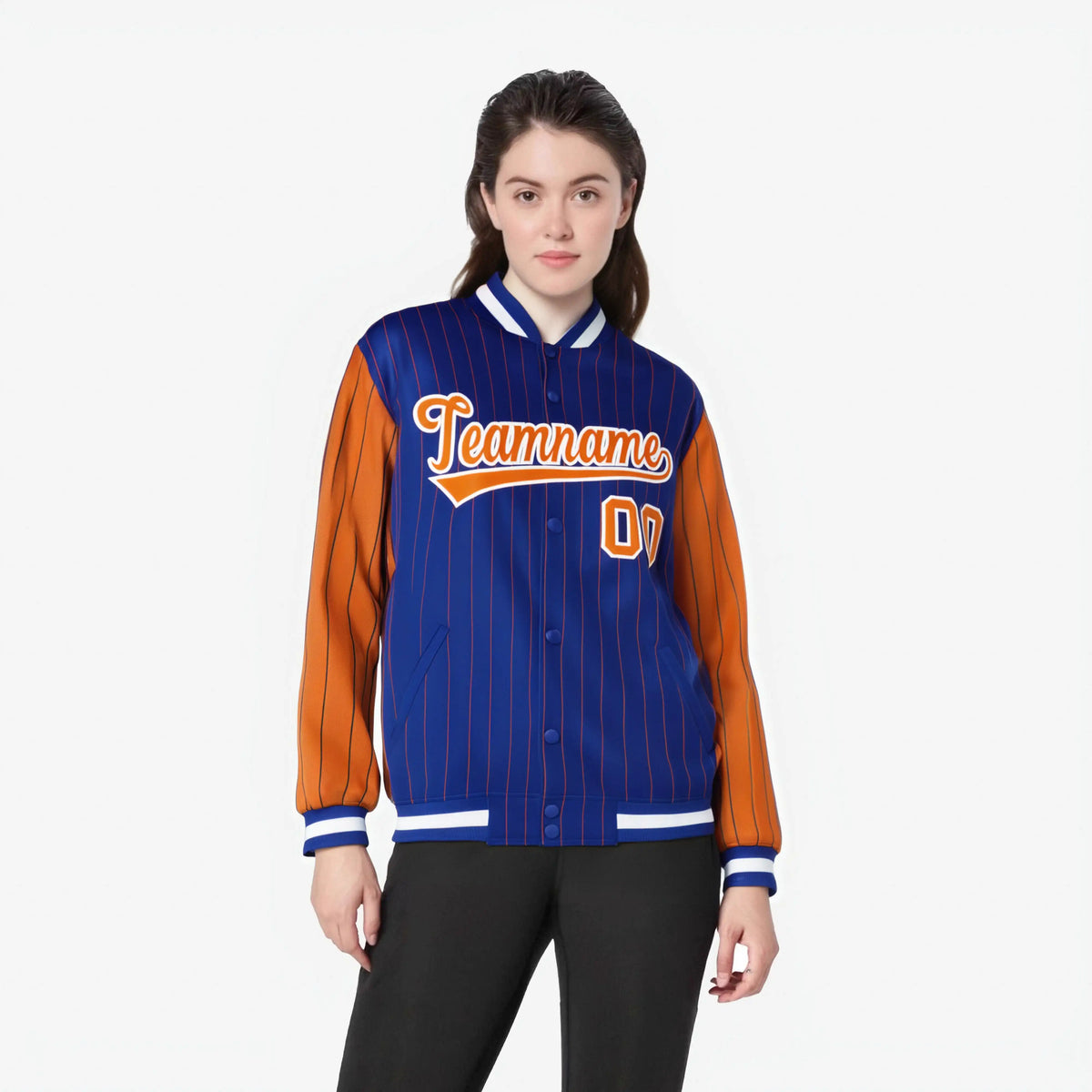 Custom Royal Blue Orange-Royal Blue Personalized Stripe Fashion Letterman Bomber Varsity Jacket