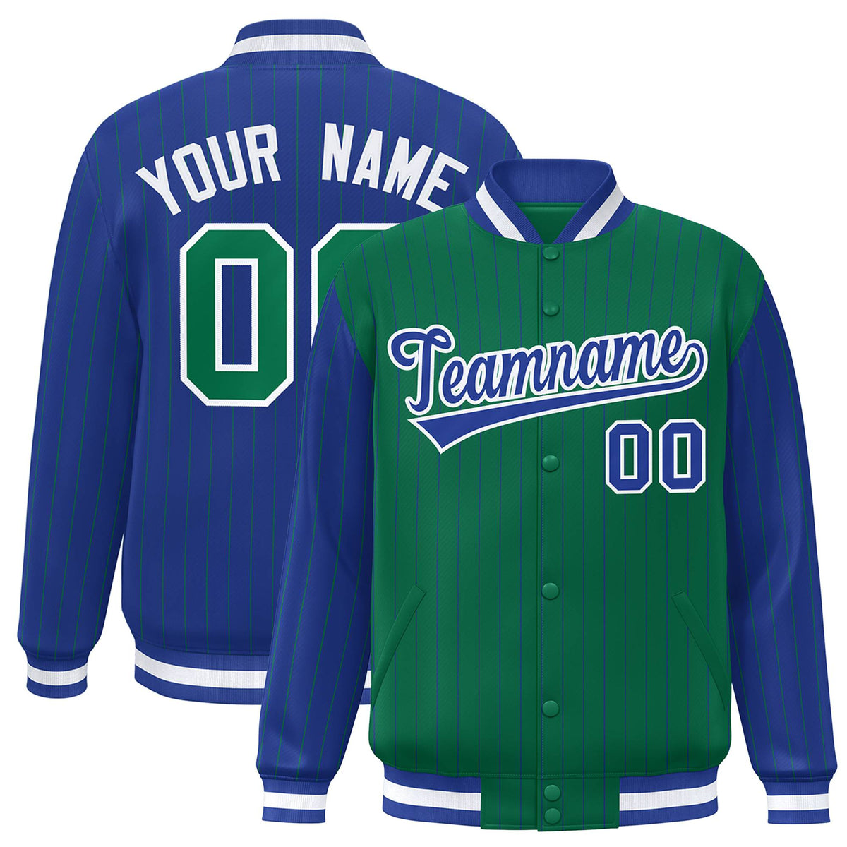 Custom Kelly Green Royal Blue-Kelly Green Personalized Stripe Fashion Letterman Bomber Varsity Jacket