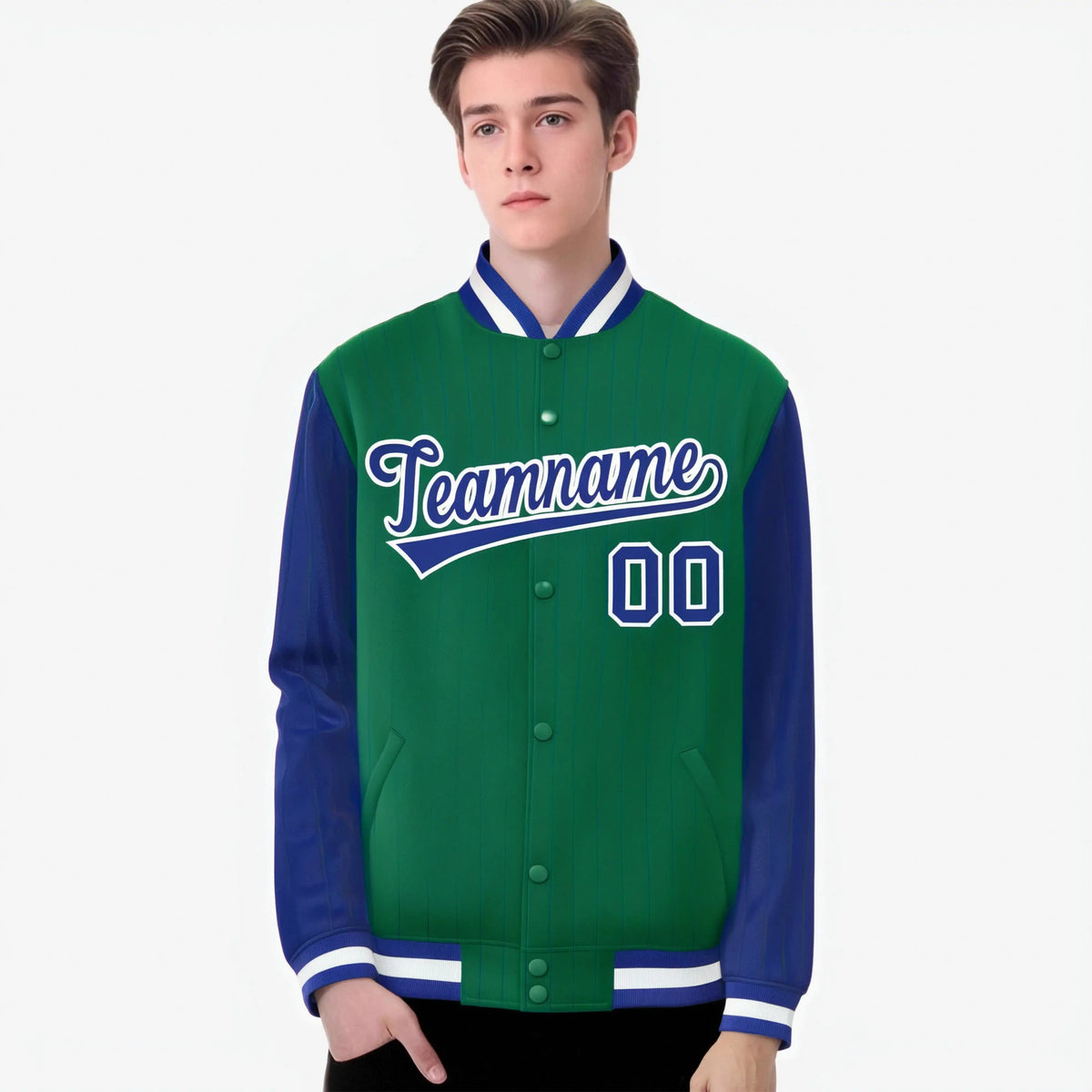 Custom Kelly Green Royal Blue-Kelly Green Personalized Stripe Fashion Letterman Bomber Varsity Jacket