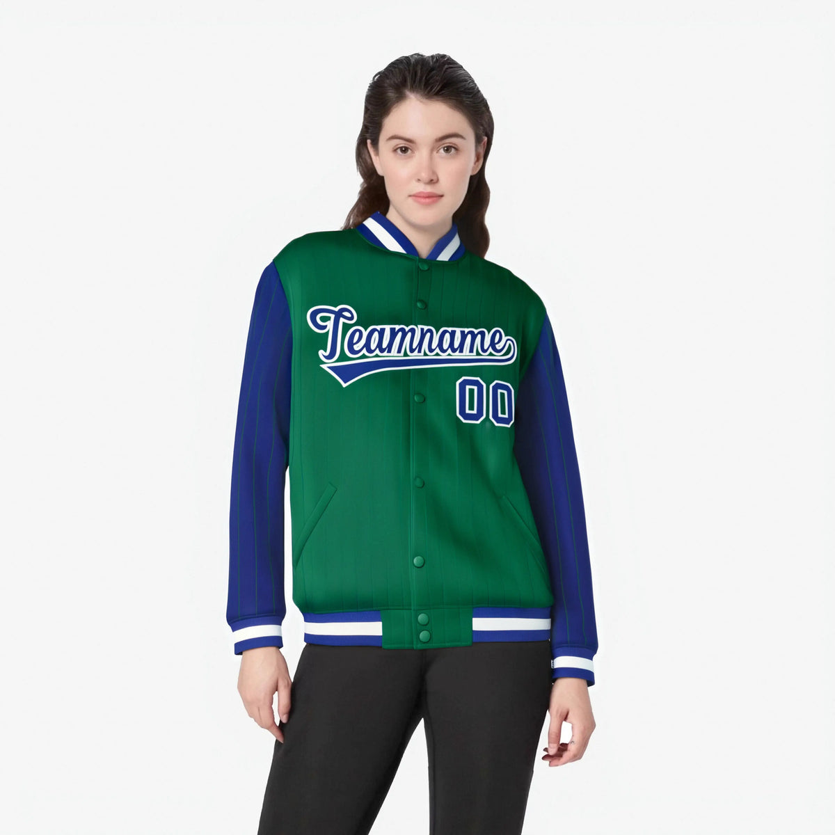 Custom Kelly Green Royal Blue-Kelly Green Personalized Stripe Fashion Letterman Bomber Varsity Jacket
