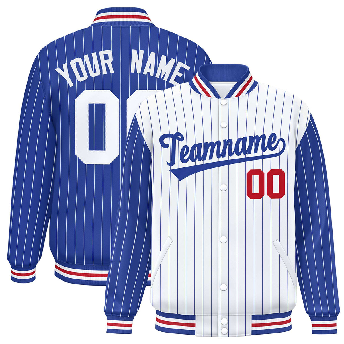 Custom White Royal Blue-White Personalized Stripe Fashion Letterman Bomber Varsity Jacket