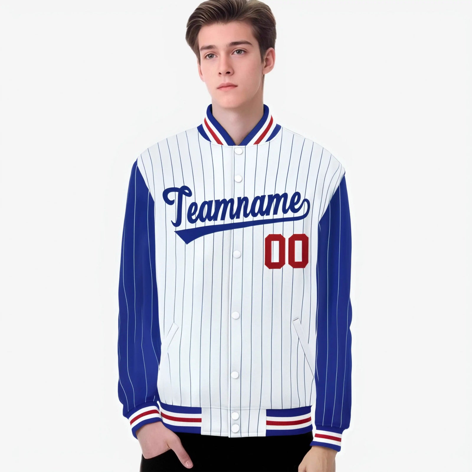Custom White Royal Blue-White Personalized Stripe Fashion Letterman Bomber Varsity Jacket