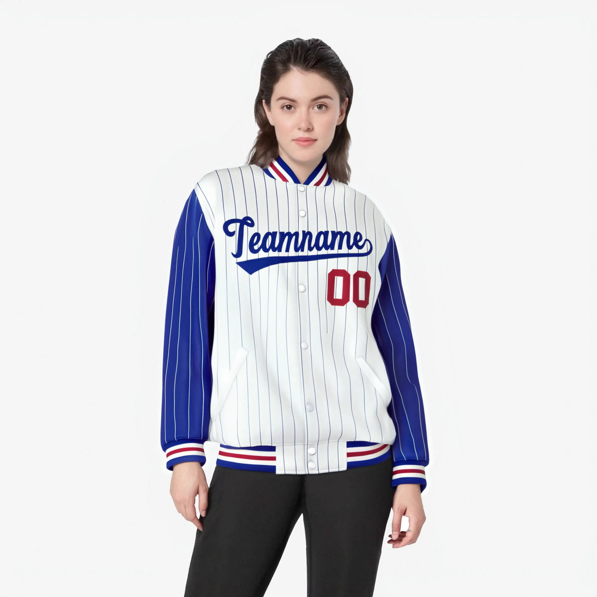 Custom White Royal Blue-White Personalized Stripe Fashion Letterman Bomber Varsity Jacket