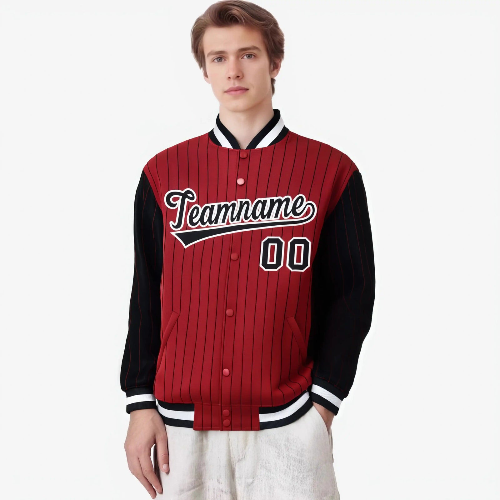 Custom Red Black-Red Personalized Stripe Fashion Letterman Bomber Varsity Jacket