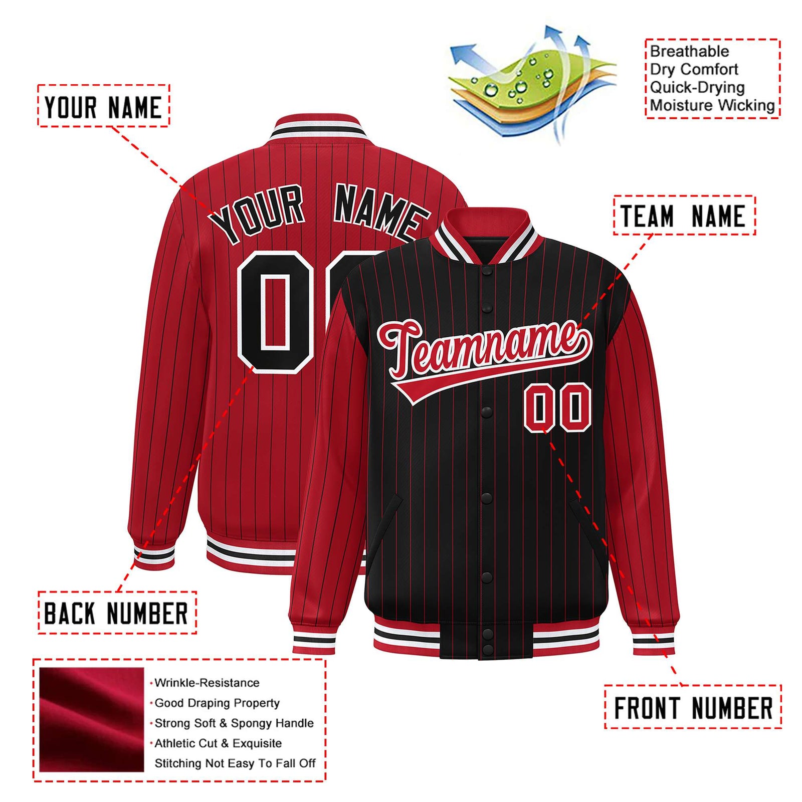 Custom Black Red-Black Personalized Stripe Fashion Letterman Bomber Varsity Jacket