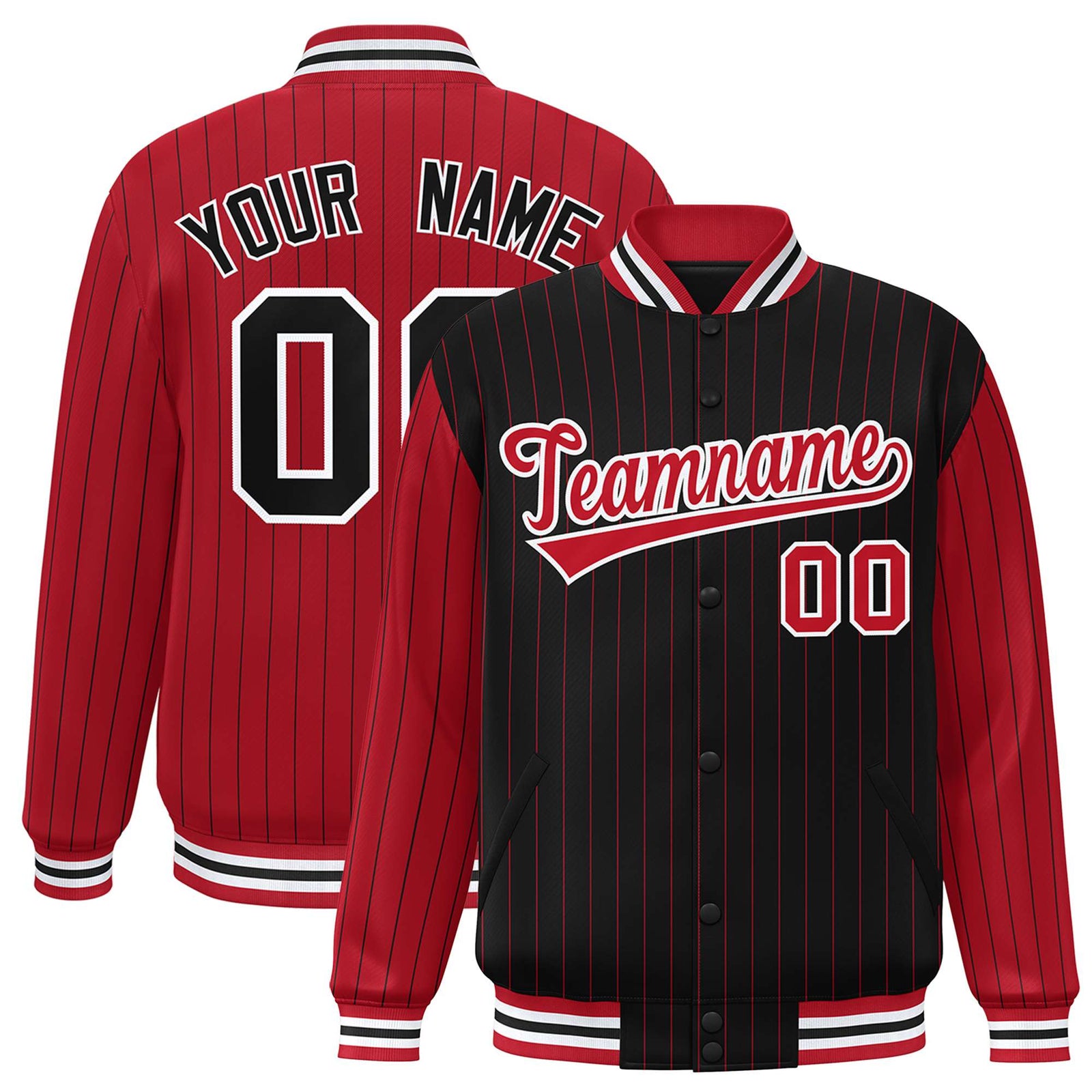 Custom Black Red-Black Personalized Stripe Fashion Letterman Bomber Varsity Jacket