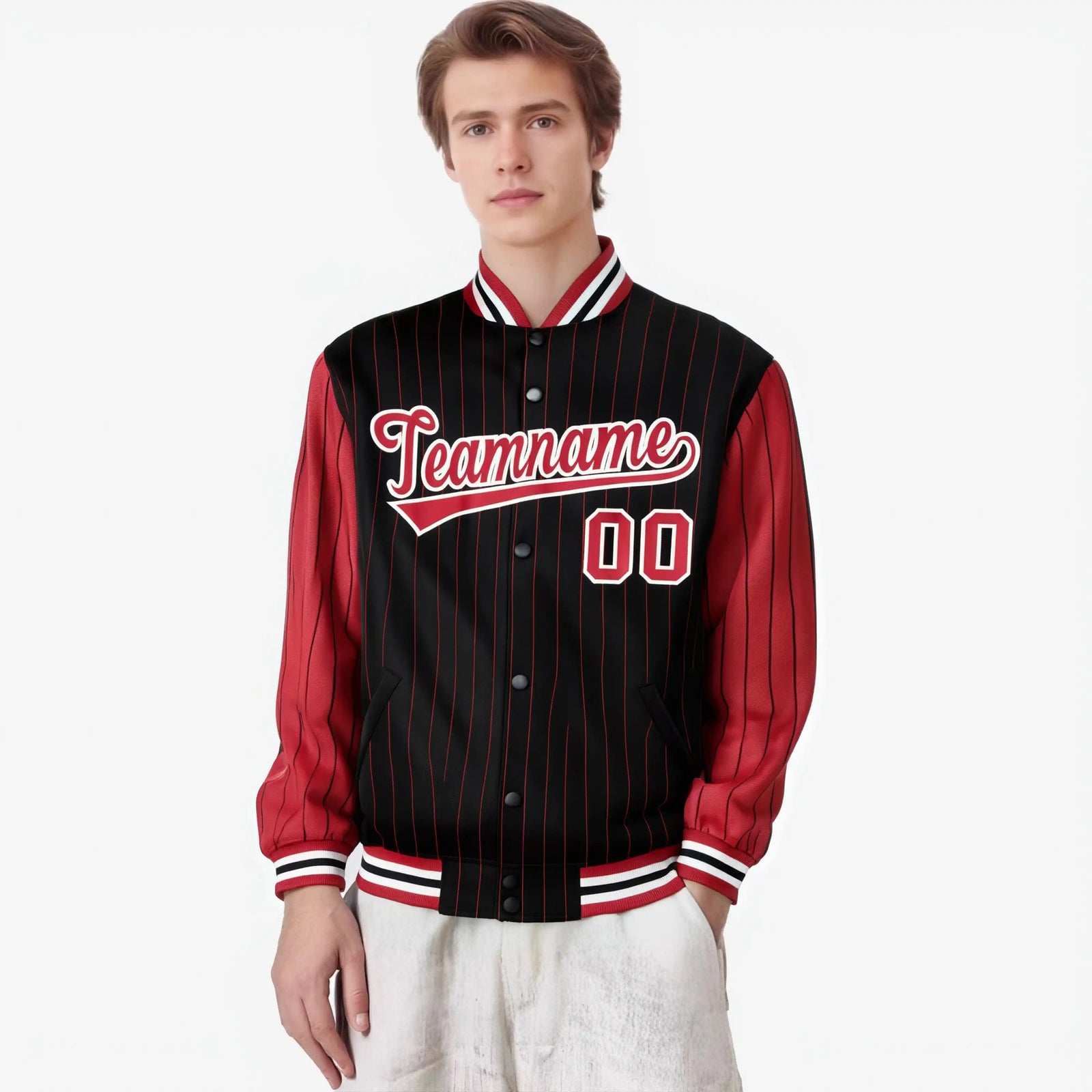 Custom Black Red-Black Personalized Stripe Fashion Letterman Bomber Varsity Jacket